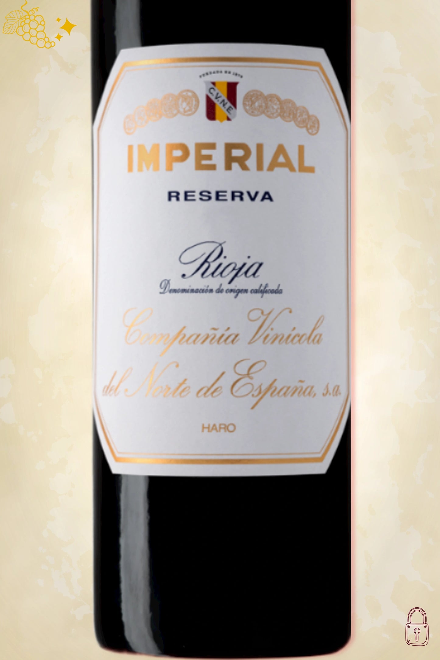 Close-up label Cune Imperial Reserva 2019 – logo en vintage details zichtbaar