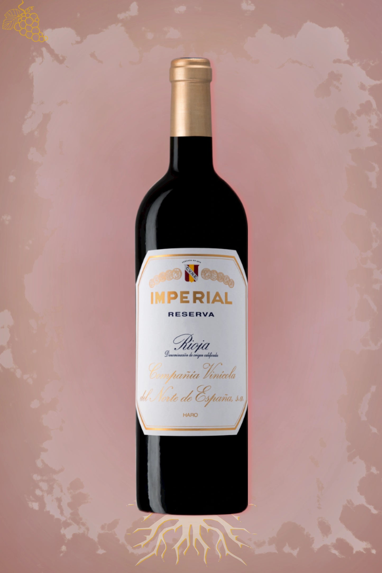 Fles Cune Imperial Reserva 2020, rode Rioja-wijn uit Spanje, tegen bordeauxrode achtergrond.
