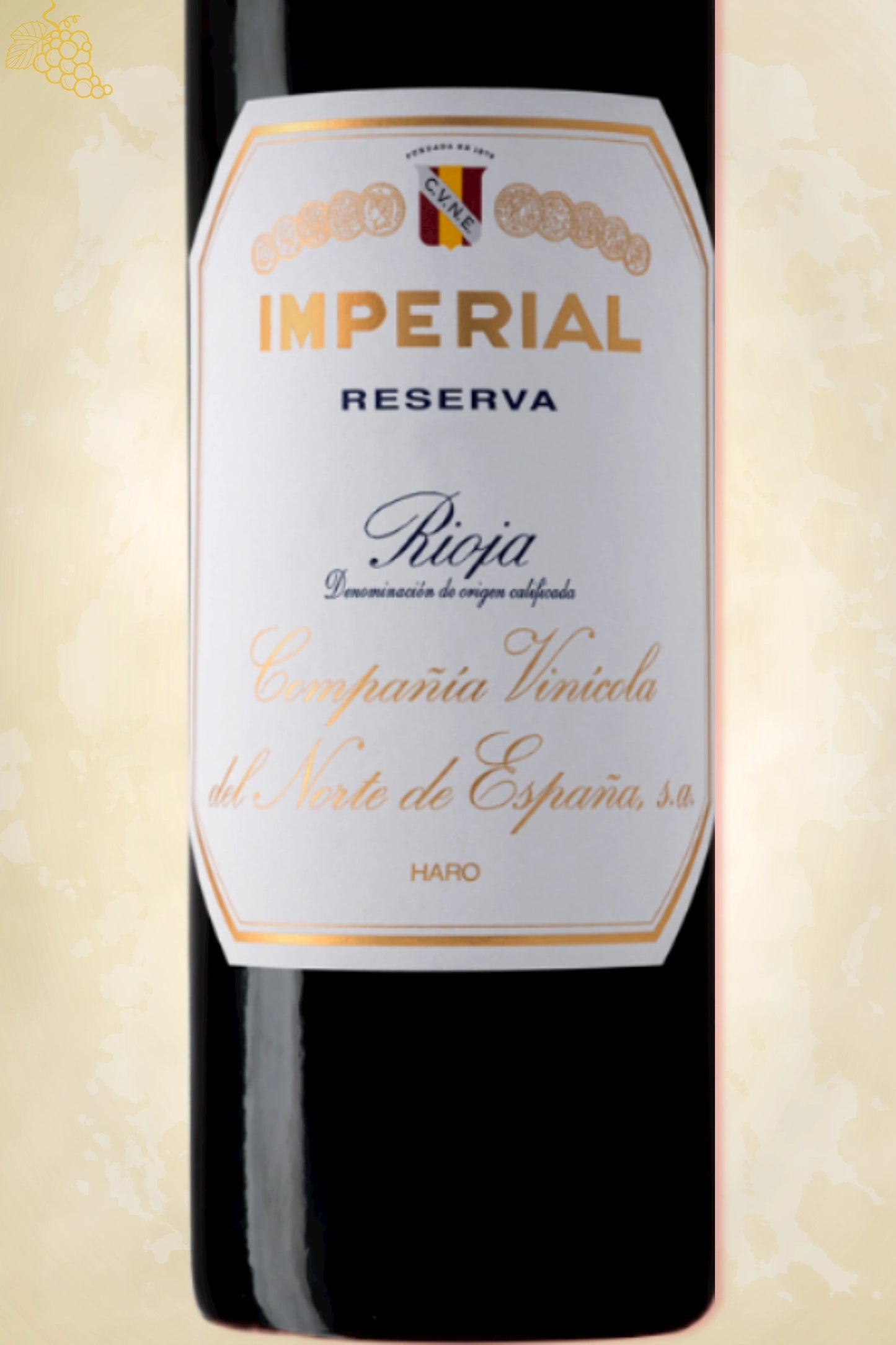 Close-up label CVNE Imperial Reserva 2020 – logo en reserva details