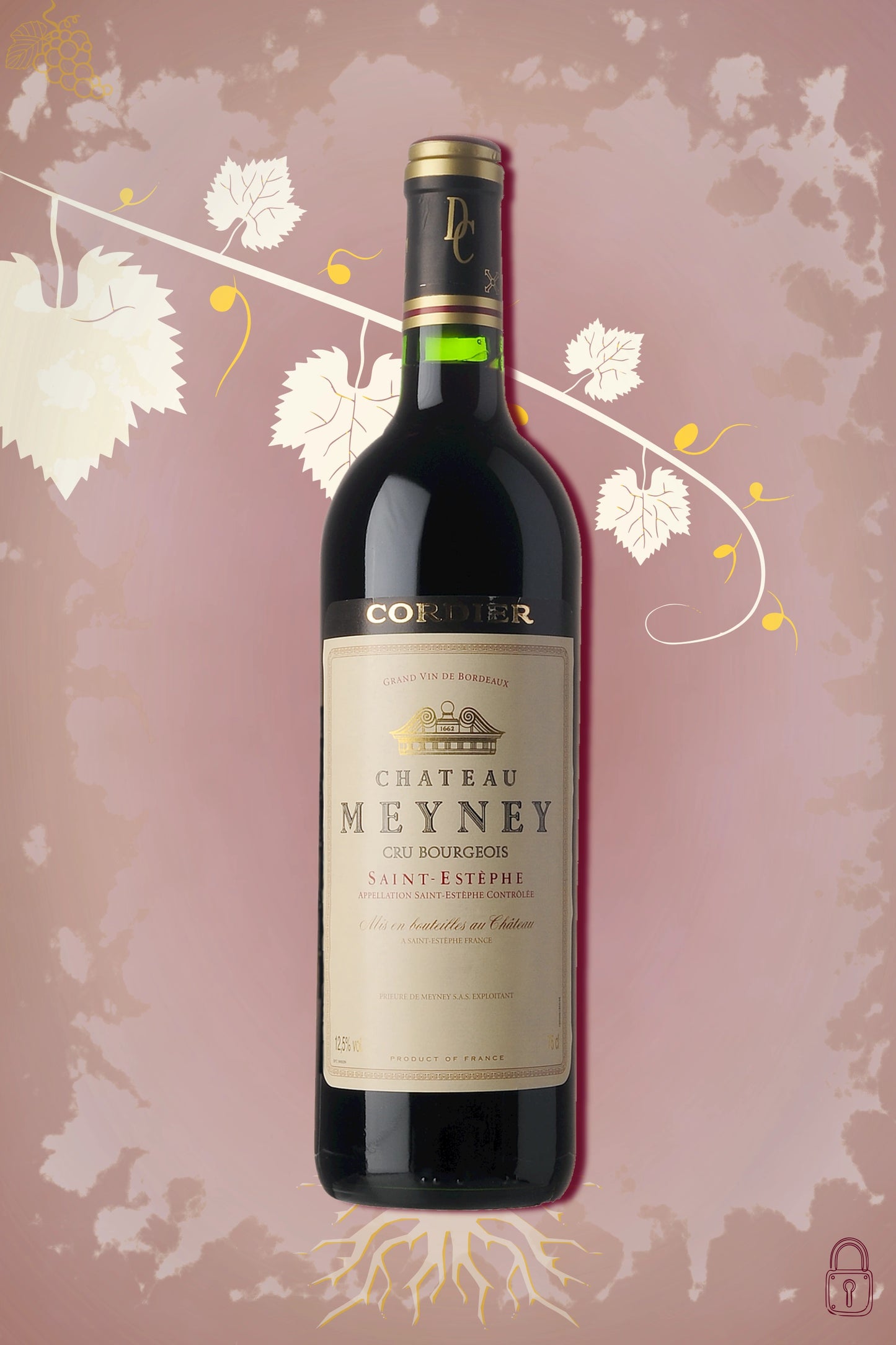 Château Meyney Saint-Estèphe 2022 tegen bordeaux achtergrond – premium rode wijn