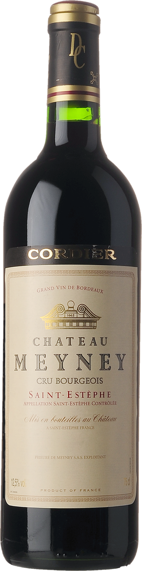 Château Meyney Saint-Estèphe 2022 tegen bordeaux achtergrond – premium rode wijn