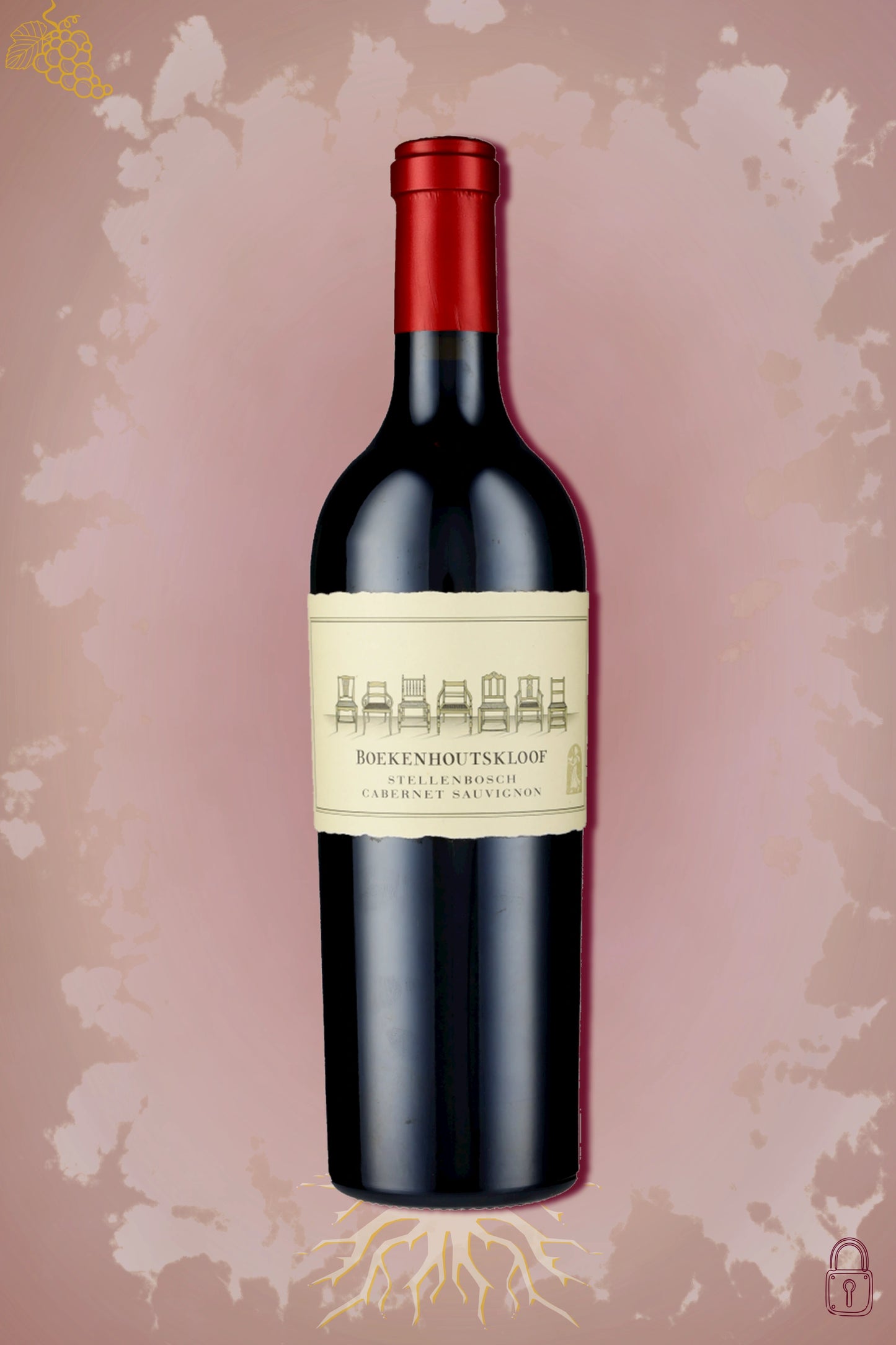 Fles Boekenhoutskloof Stellenbosch Cabernet Sauvignon 2020 tegen bordeauxrode achtergrond.
