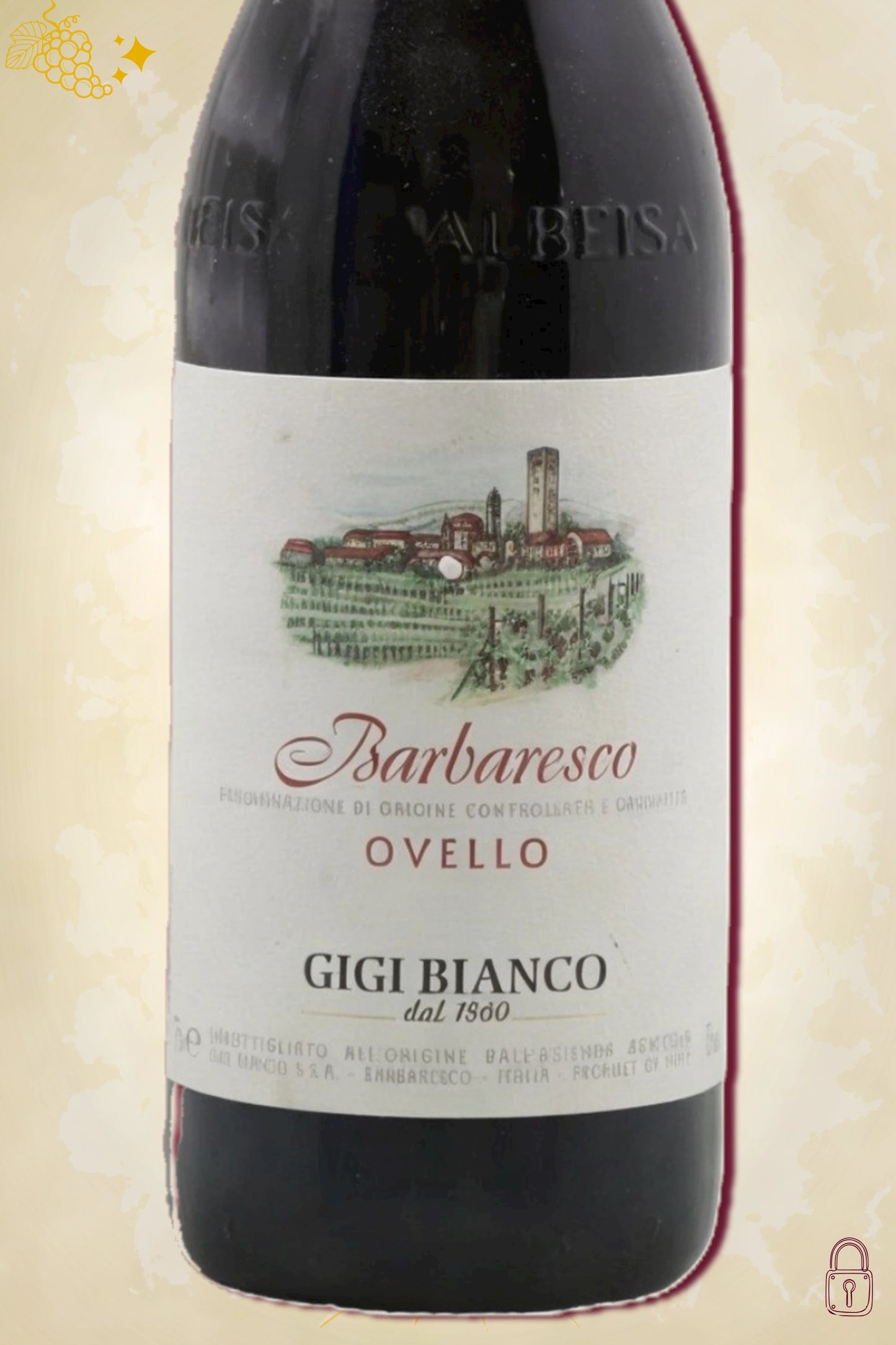 Close-up label Gigi Bianco Barbaresco Ovello 2017 – Gigi Bianco logo en vintage details