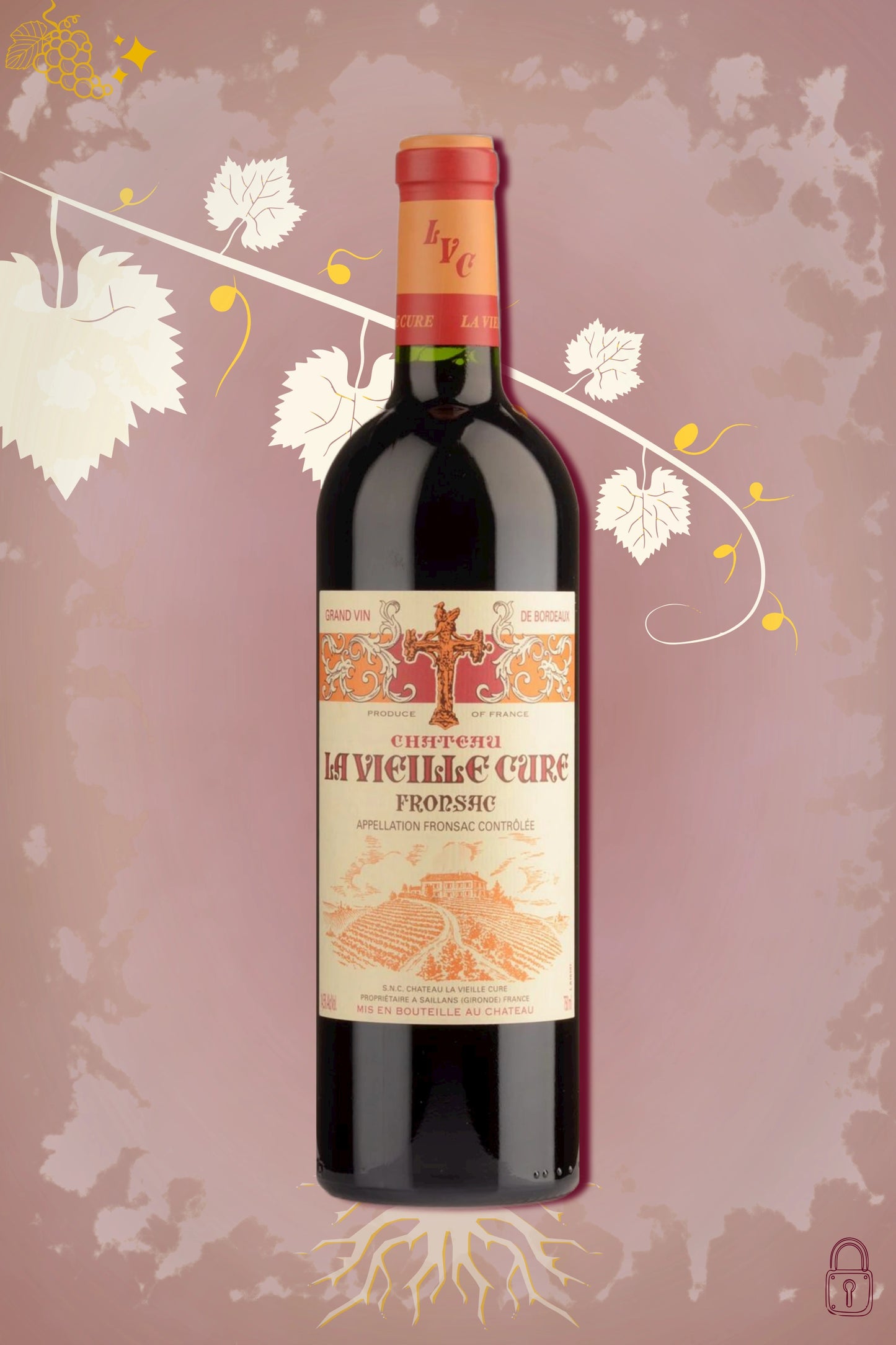 Château La Vieille Cure 2022 tegen bordeaux achtergrond – premium Bordeaux rode wijn