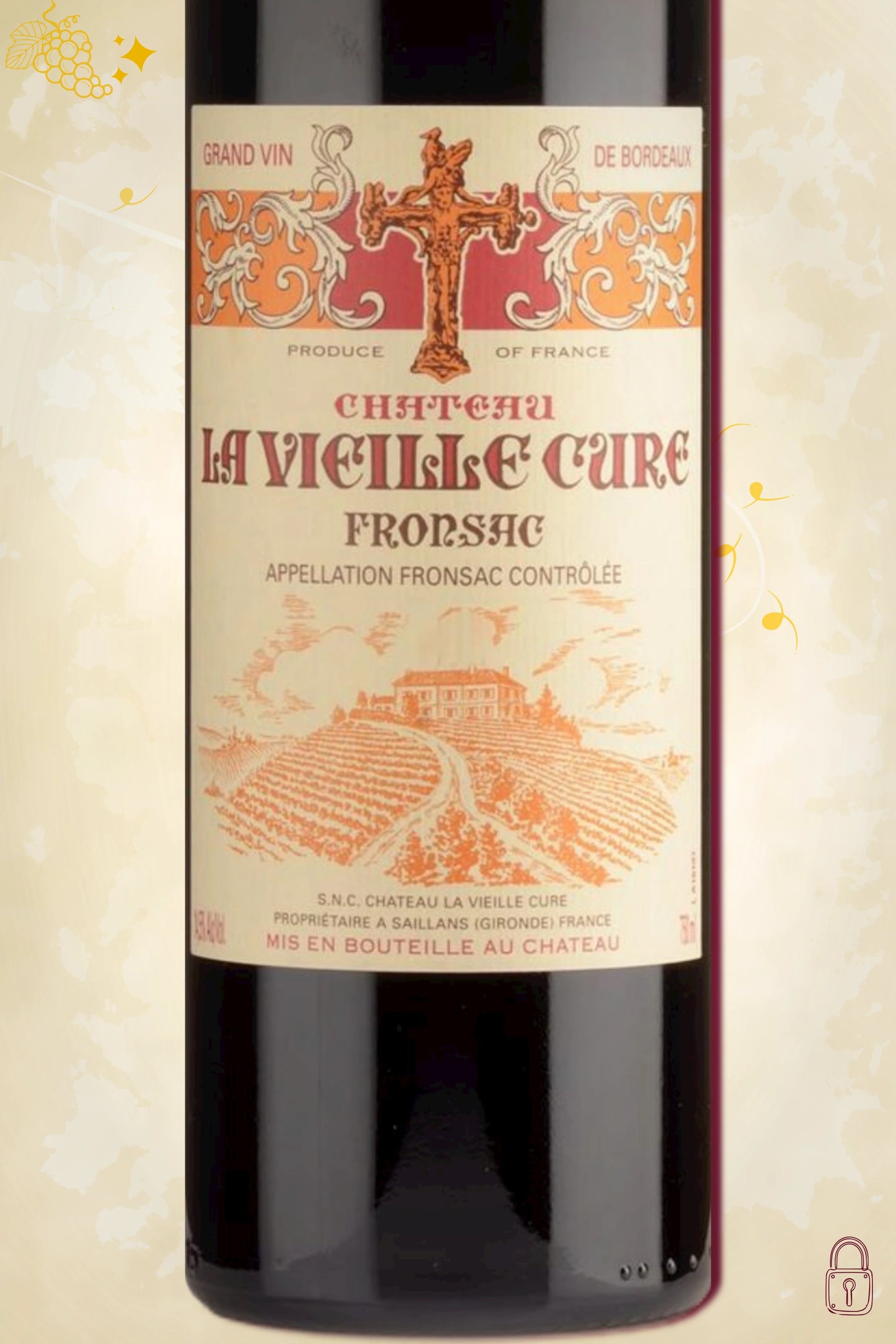 Close-up label Château La Vieille Cure 2022 – château en vintage details zichtbaar