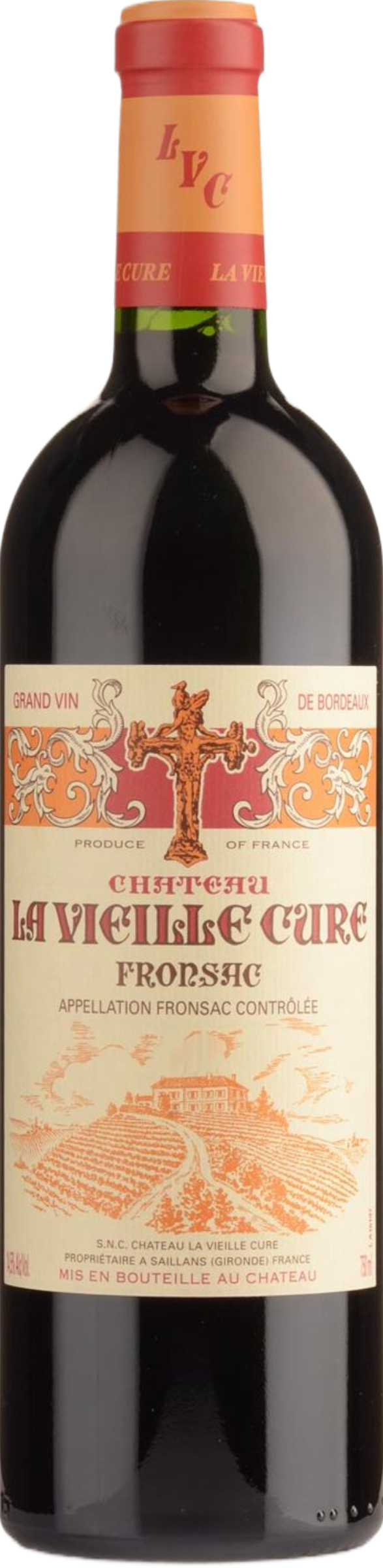 Château La Vieille Cure 2022 tegen bordeaux achtergrond – premium Bordeaux rode wijn