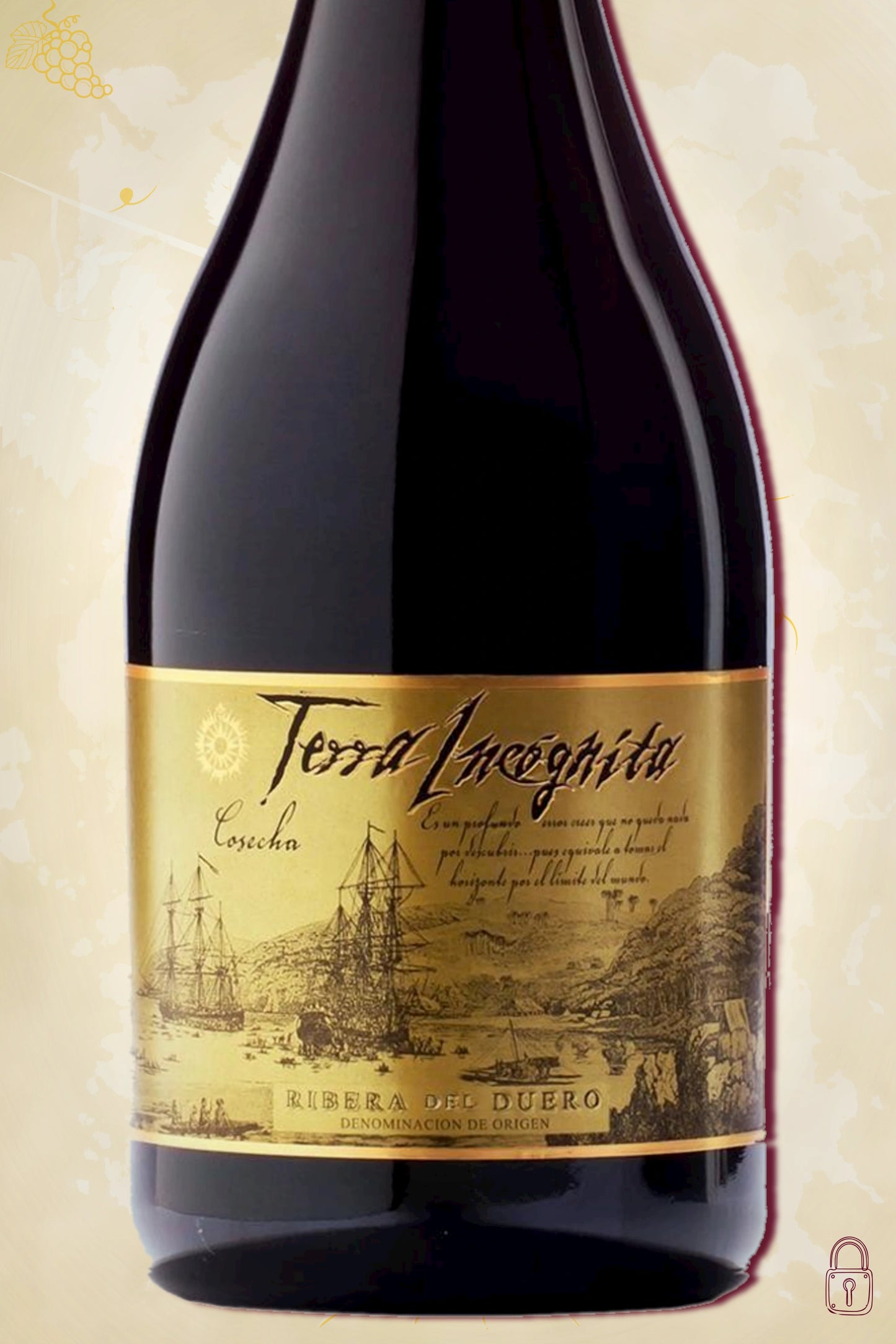 Close-up label Bodegas Vilano Terra Incógnita 2019 – logo en vintage details zichtbaar
