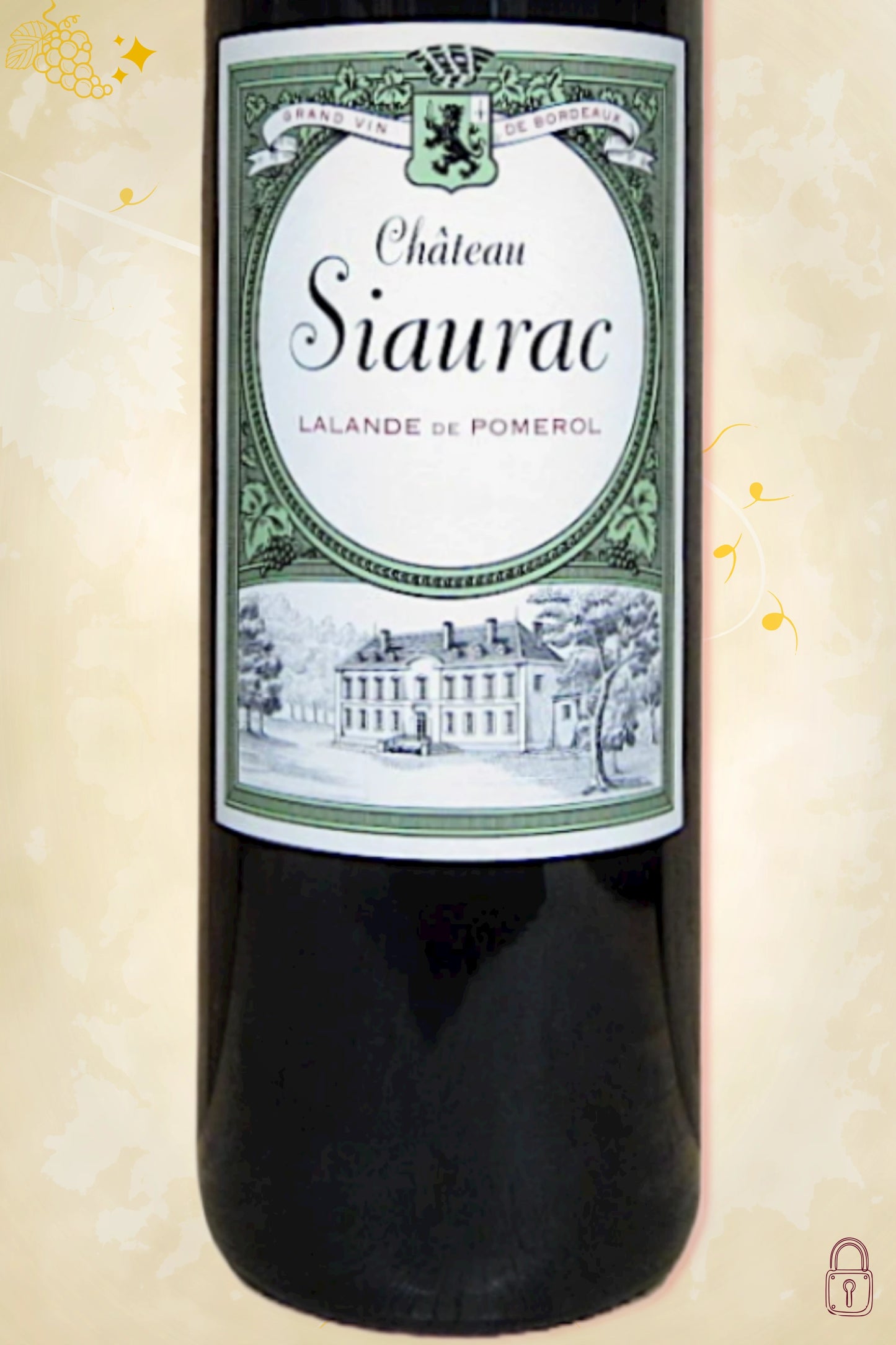 Close-up label Château Siaurac 2022 – château details en vintage zichtbaar