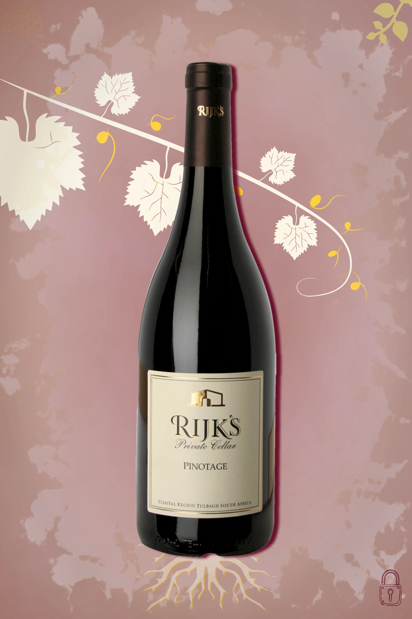 Rijk’s Private Cellar Pinotage 2015 tegen bordeaux achtergrond – premium rode wijn