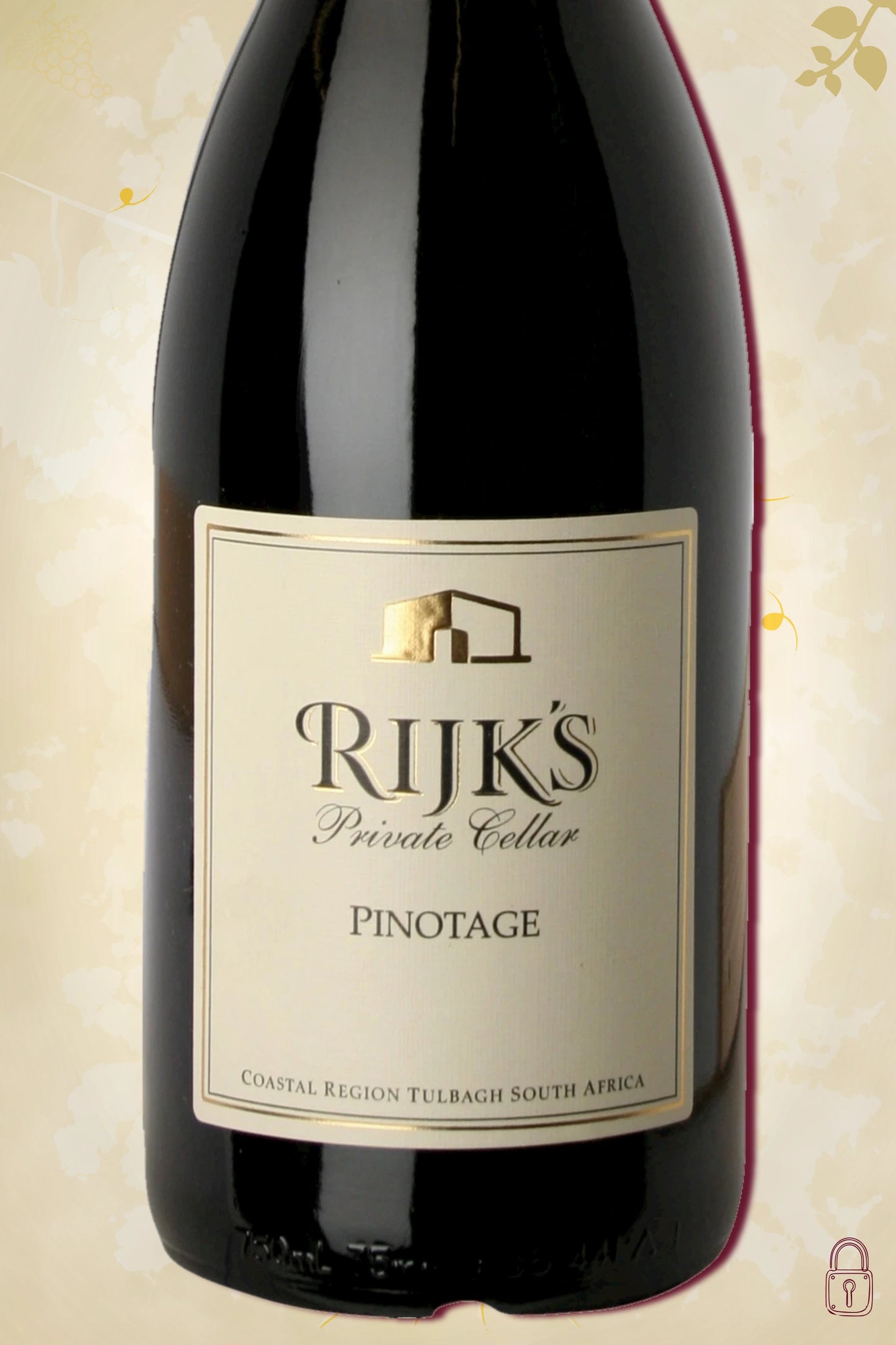 Close-up label Rijk’s Private Cellar Pinotage 2015 – Rijk’s logo en vintage details