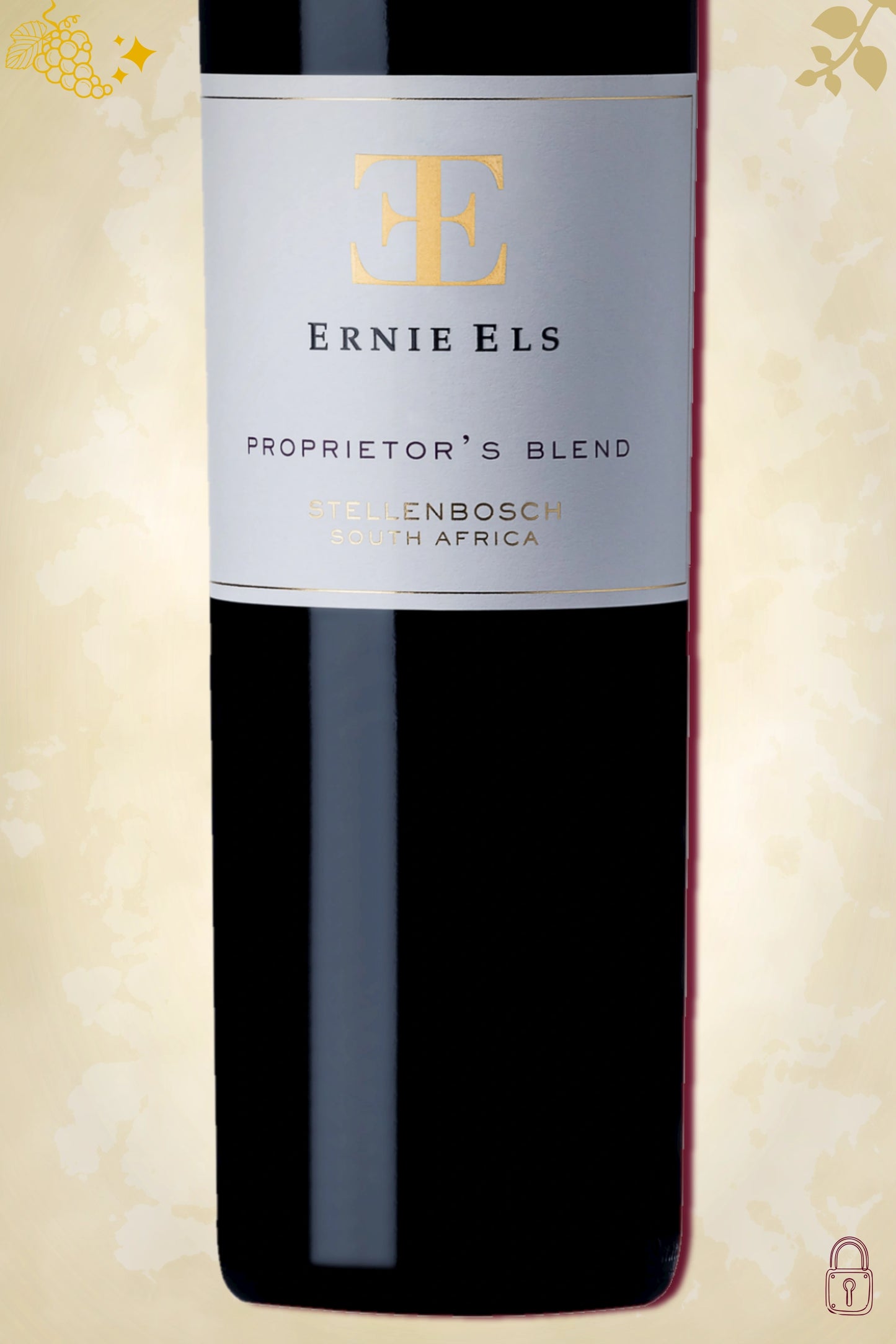 Close-up label Ernie Els Proprietor’s Blend 2017 – logo en vintage details zichtbaar