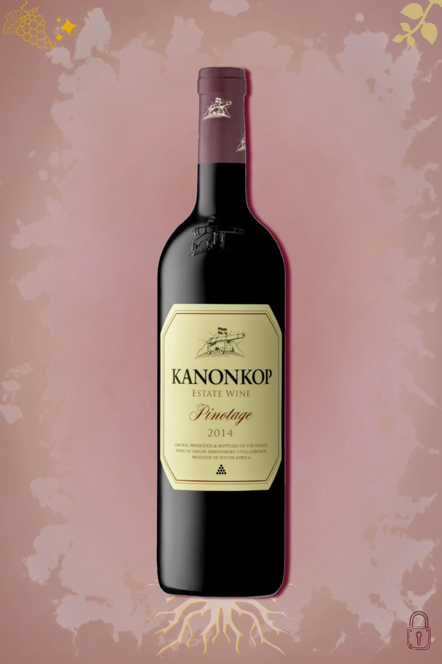 Fles Kanonkop Pinotage 2014, Zuid-Afrikaanse rode wijn, tegen bordeauxrode achtergrond.