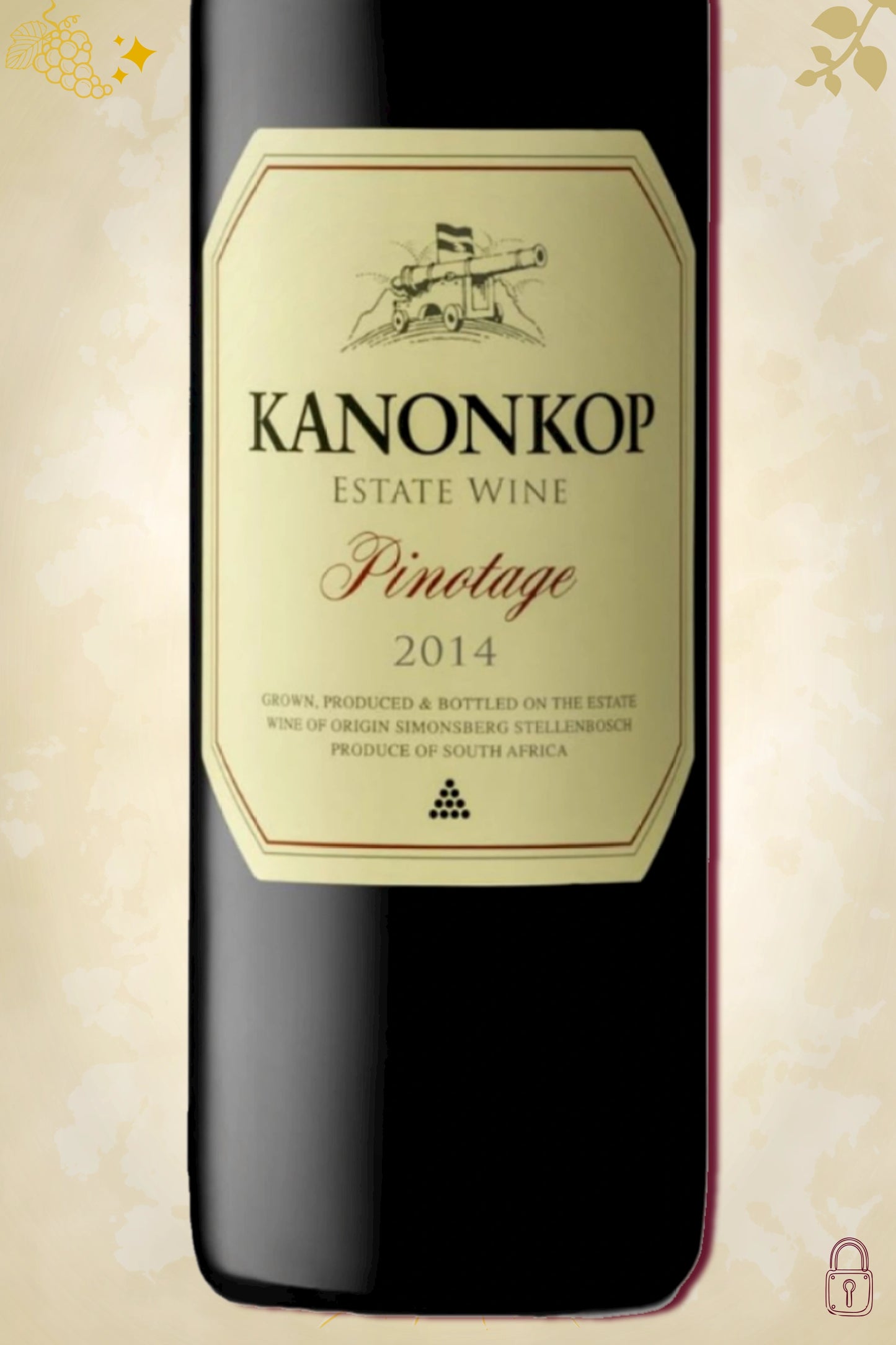 '-up label Kanonkop Pinotage 2014 – logo en vintage details zichtbaar
