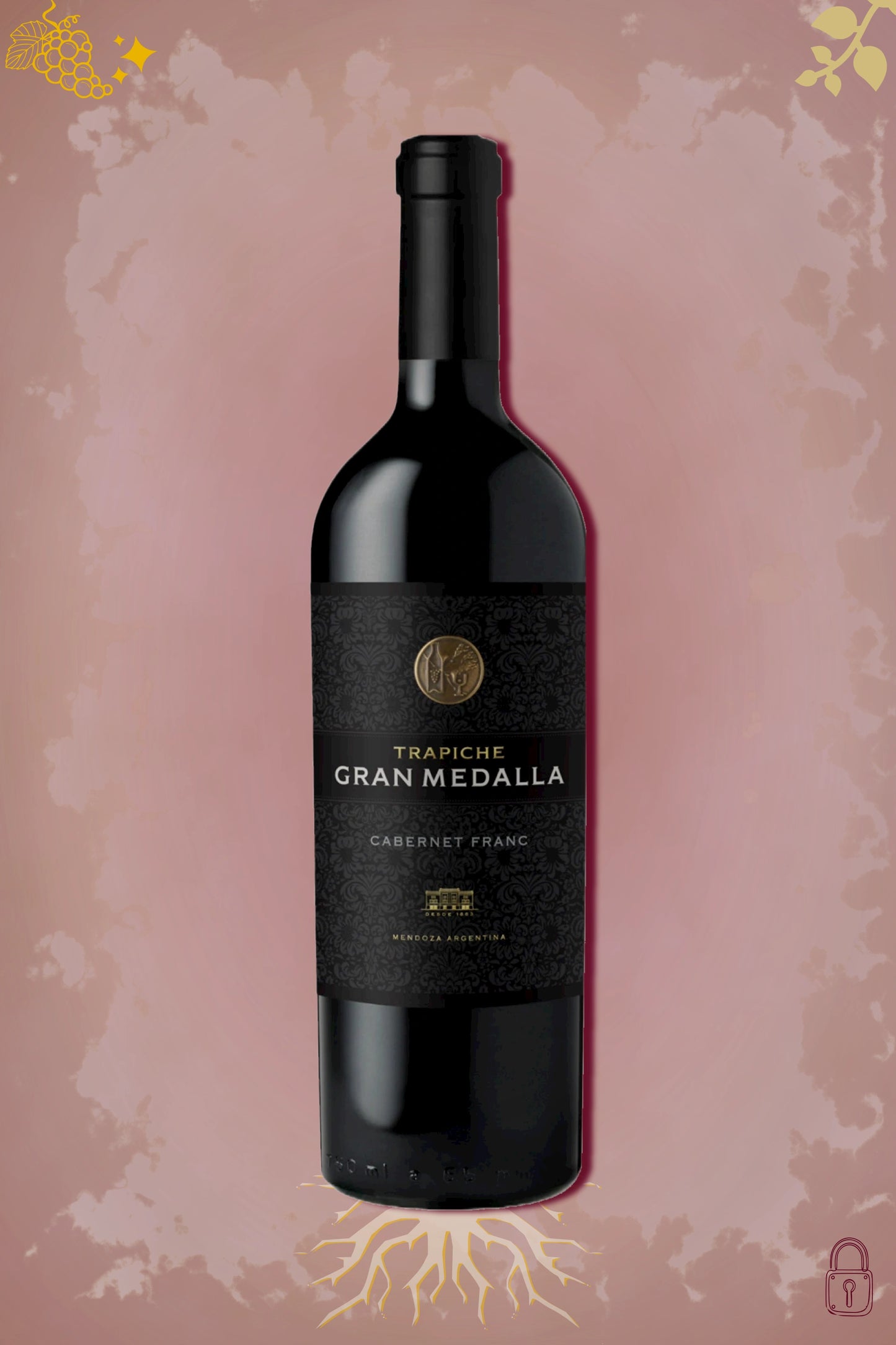 Fles Trapiche Gran Medalla Cabernet Franc 2018 uit Argentinië tegen een bordeauxrode achtergrond.