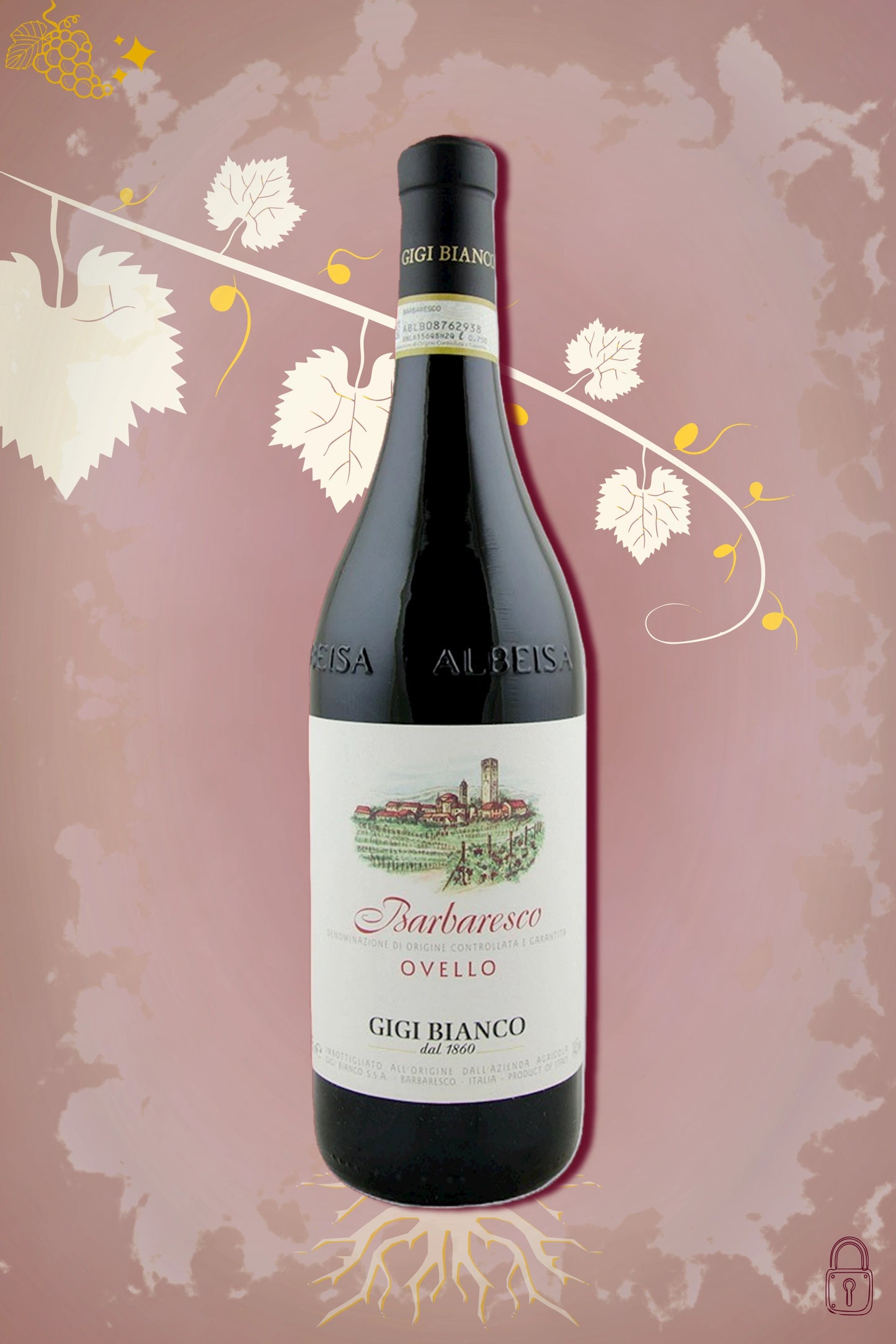 Gigi Bianco Barbaresco Ovello 2013 tegen bordeaux achtergrond – elegante rode wijn