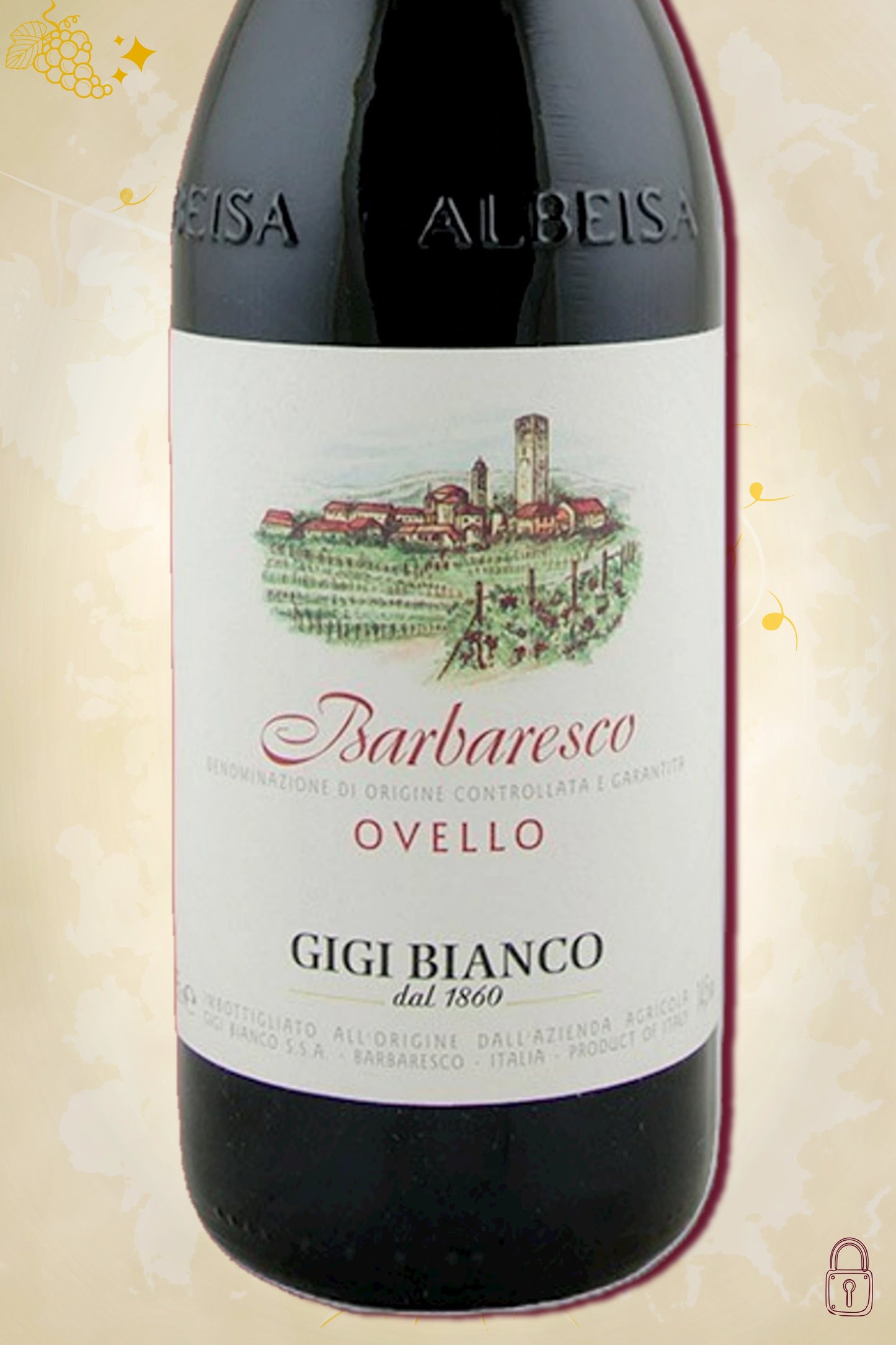 Close-up label Gigi Bianco Barbaresco Ovello 2013 – Gigi Bianco logo en vintage details