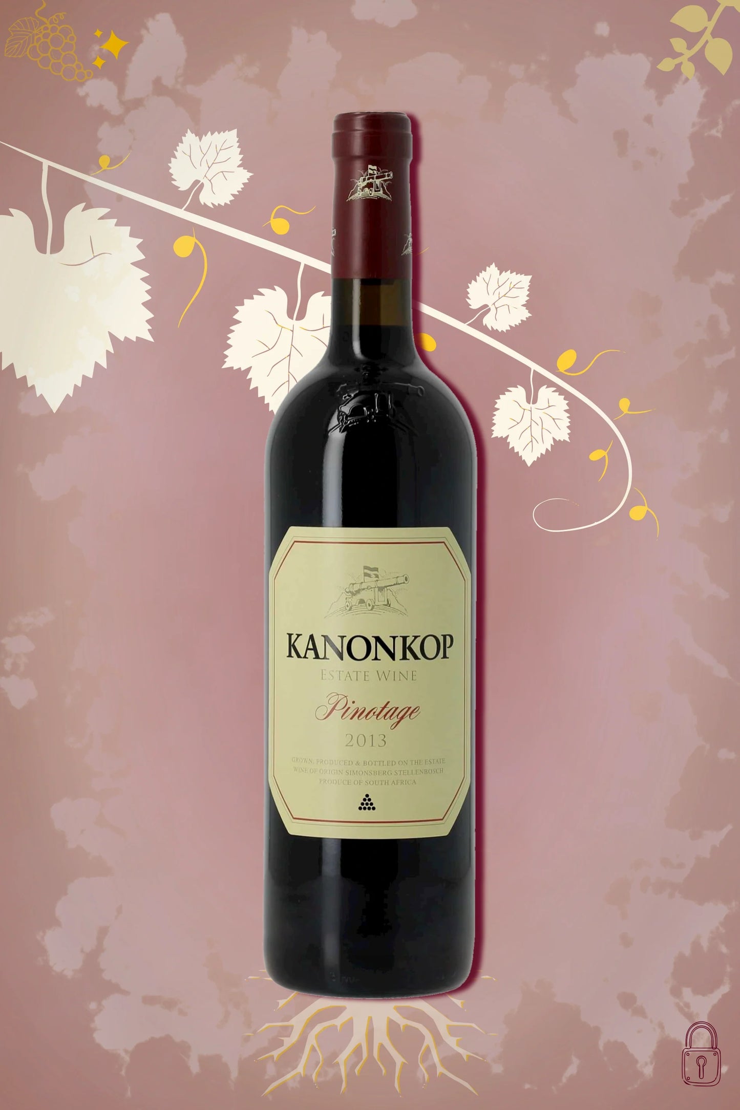 Fles Kanonkop Pinotage 2013 uit Zuid-Afrika tegen bordeauxrode achtergrond.