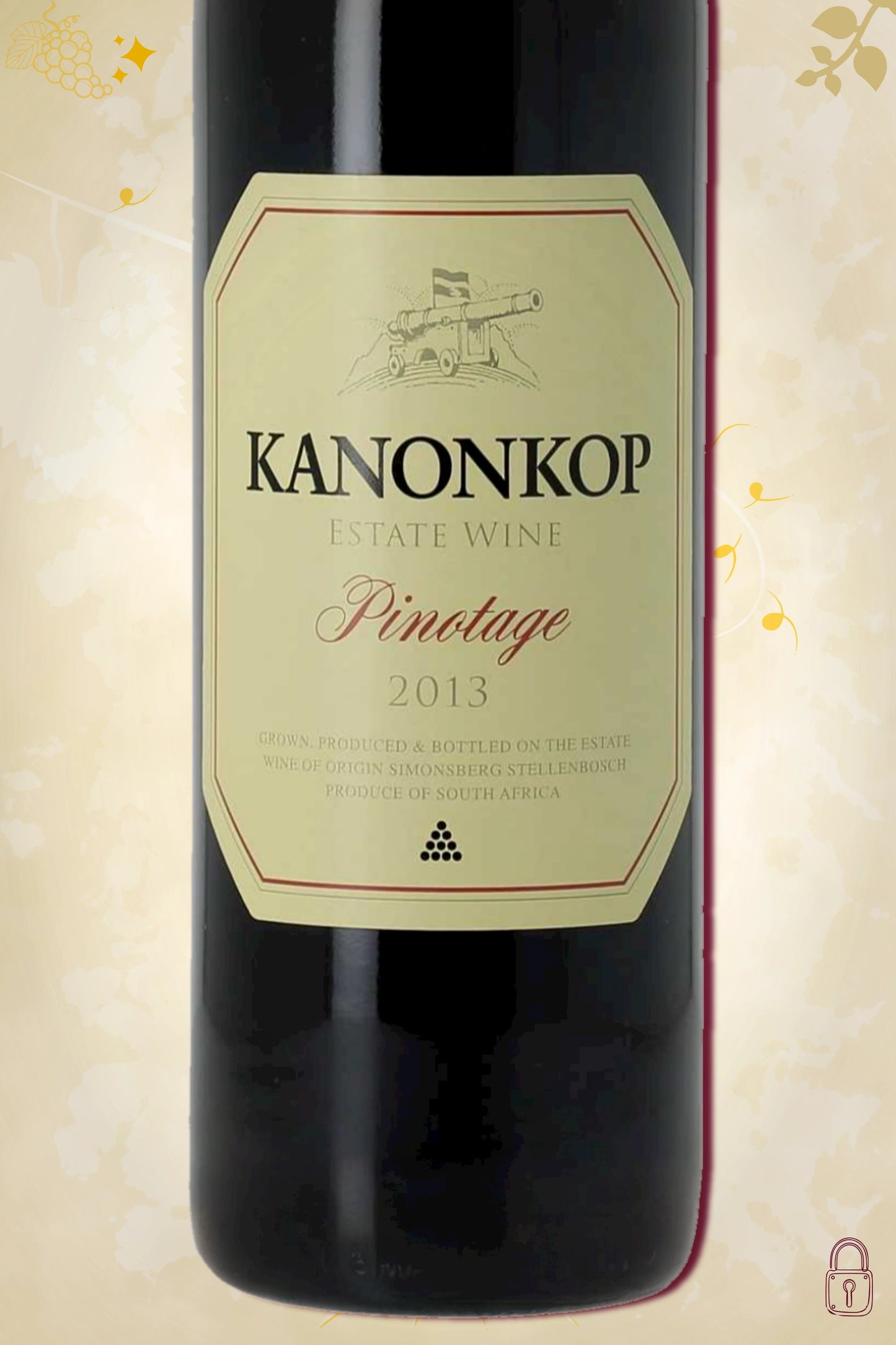 Close-up label Kanonkop Pinotage 2013 – vintage details en logo zichtbaar