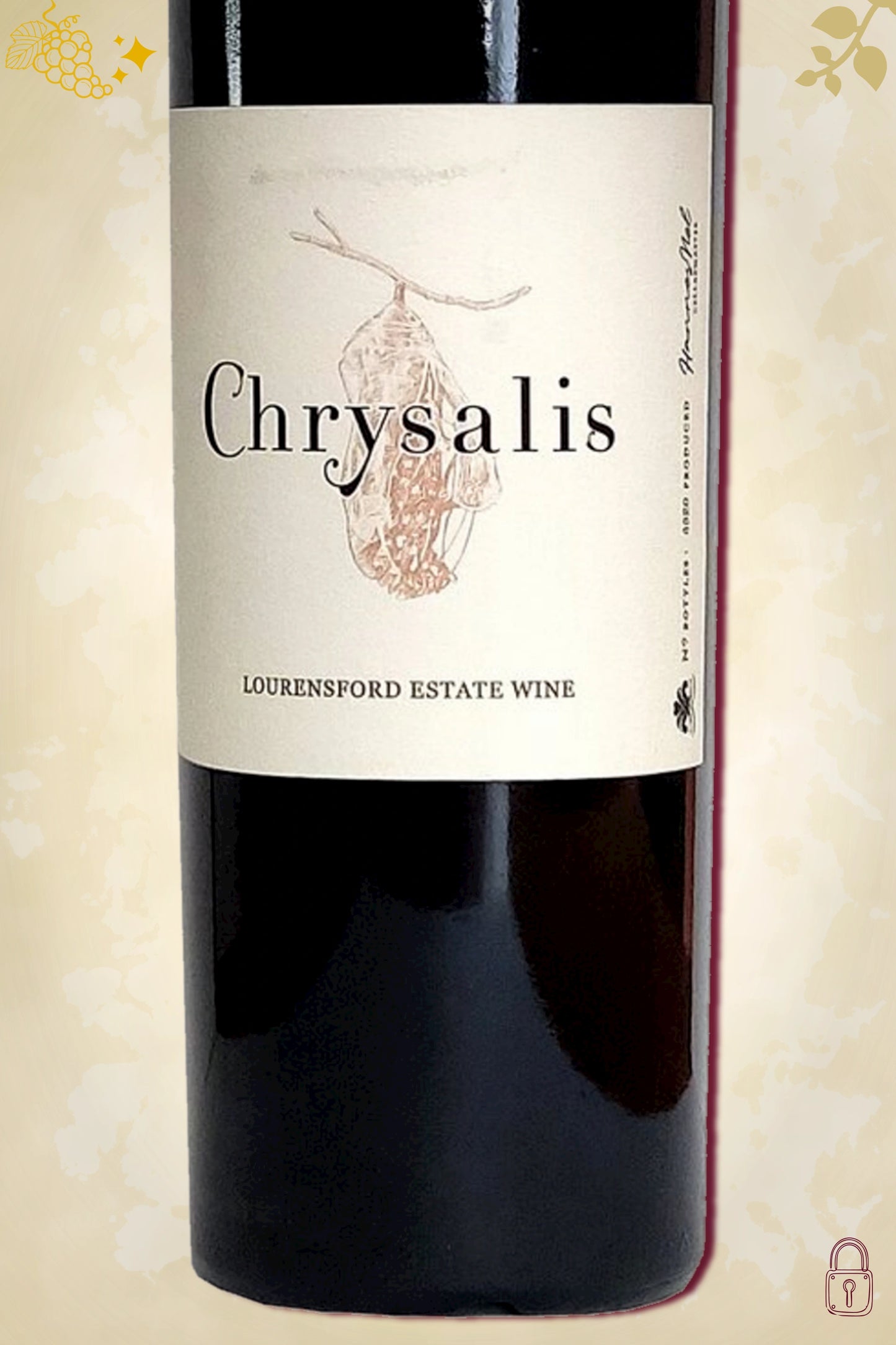 Close-up label Lourensford Chrysalis Red 2016 – logo en vintage details zichtbaar