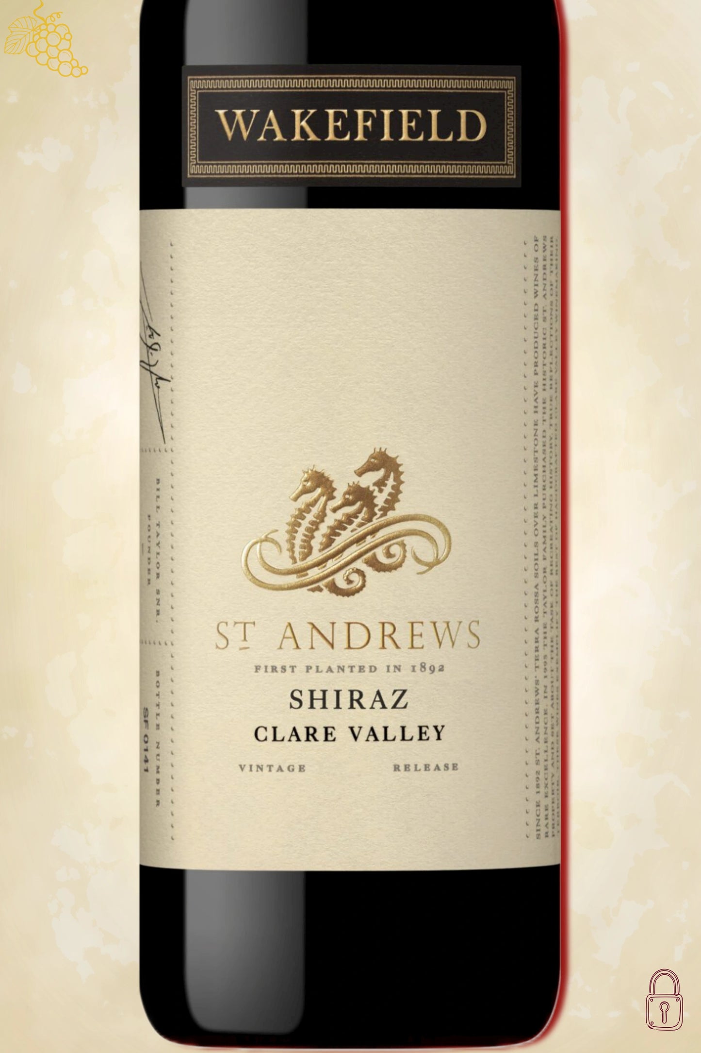 Close-up label Wakefield St. Andrews Shiraz 2021 – logo en vintage details