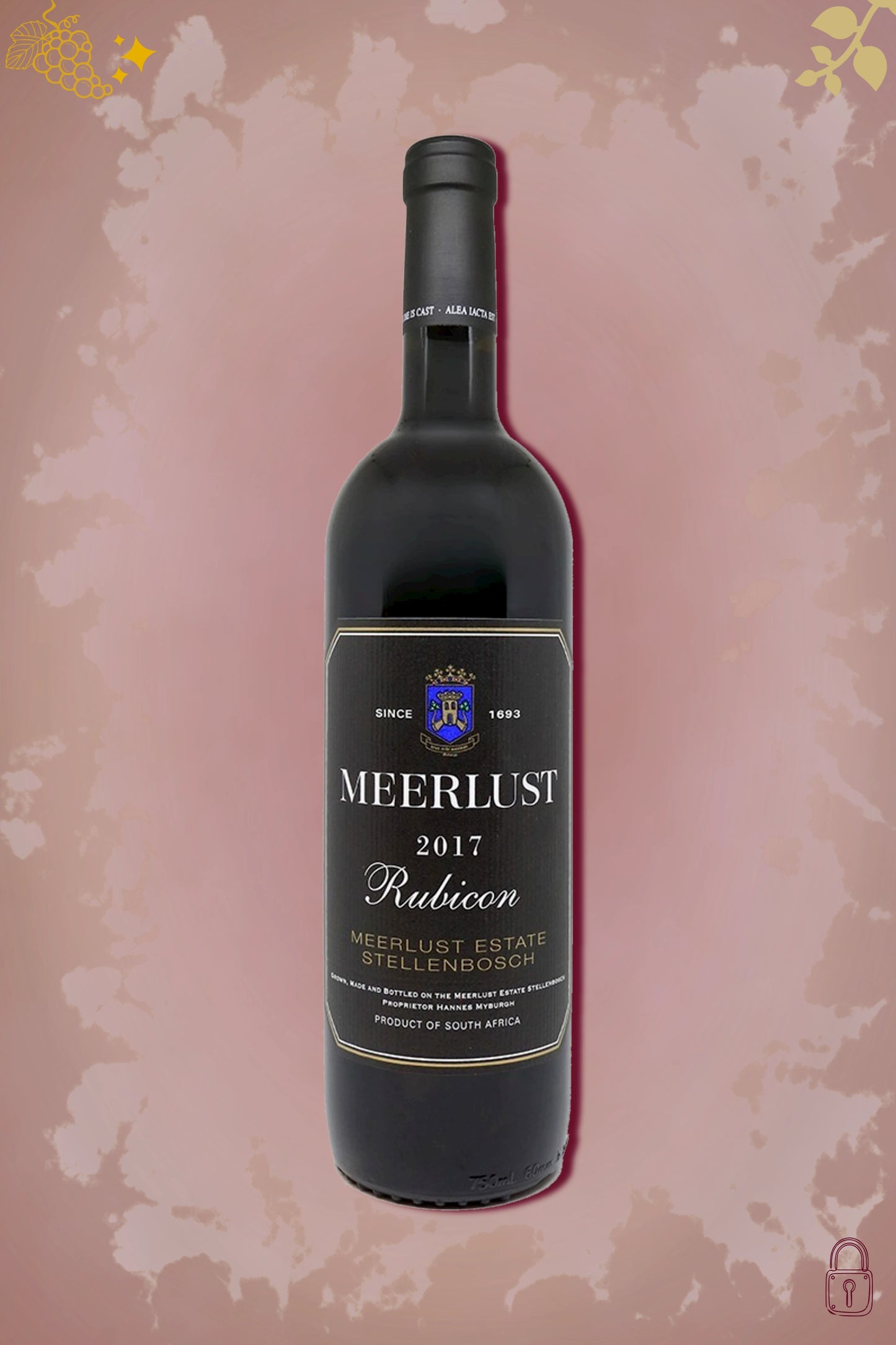 Meerlust Rubicon 2017 tegen bordeaux achtergrond – premium volle rode wijn