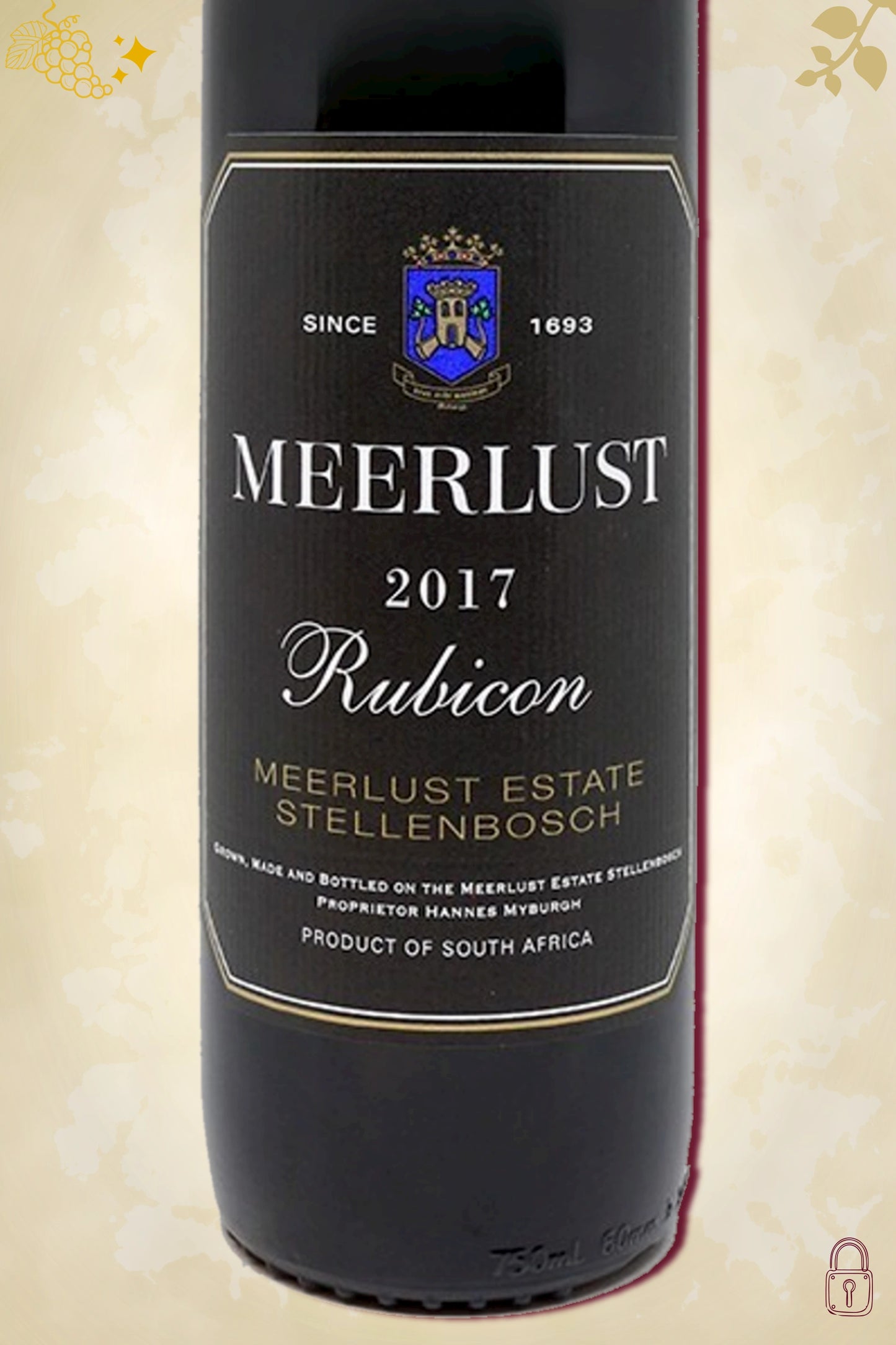 Close-up label Meerlust Rubicon 2017 – logo en vintage details zichtbaar