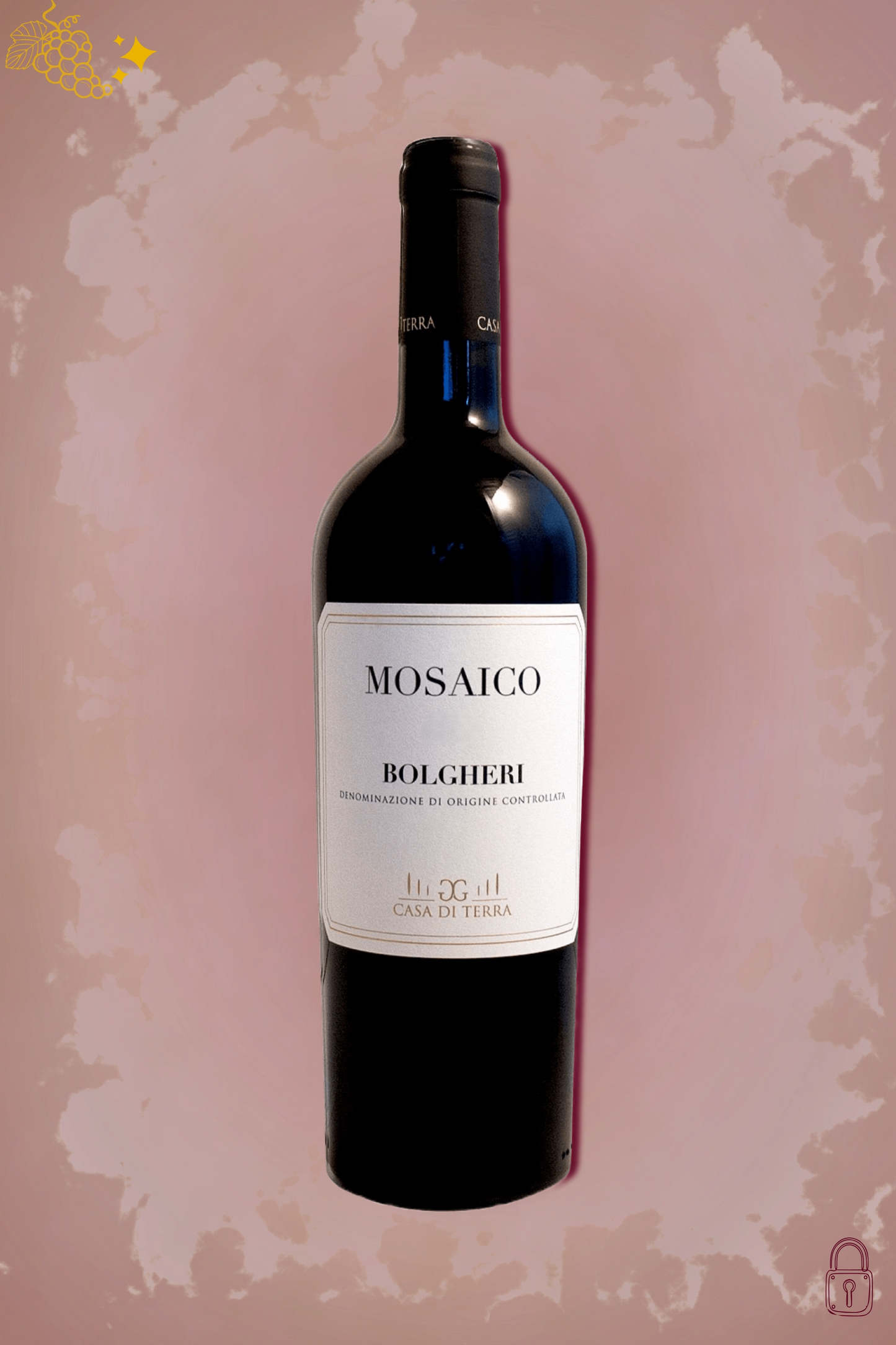 Fles Casa di Terra Mosaico Bolgheri 2021 uit Toscane tegen een bordeauxrode achtergrond.