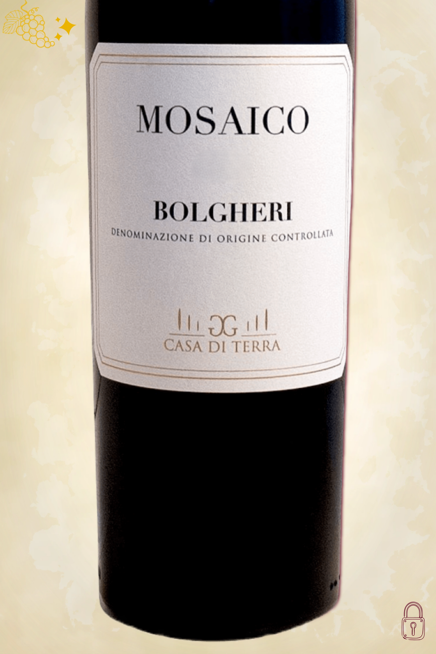Close-up label Casa di Terra Mosaico Bolgheri 2021 – logo en vintage zichtbaar