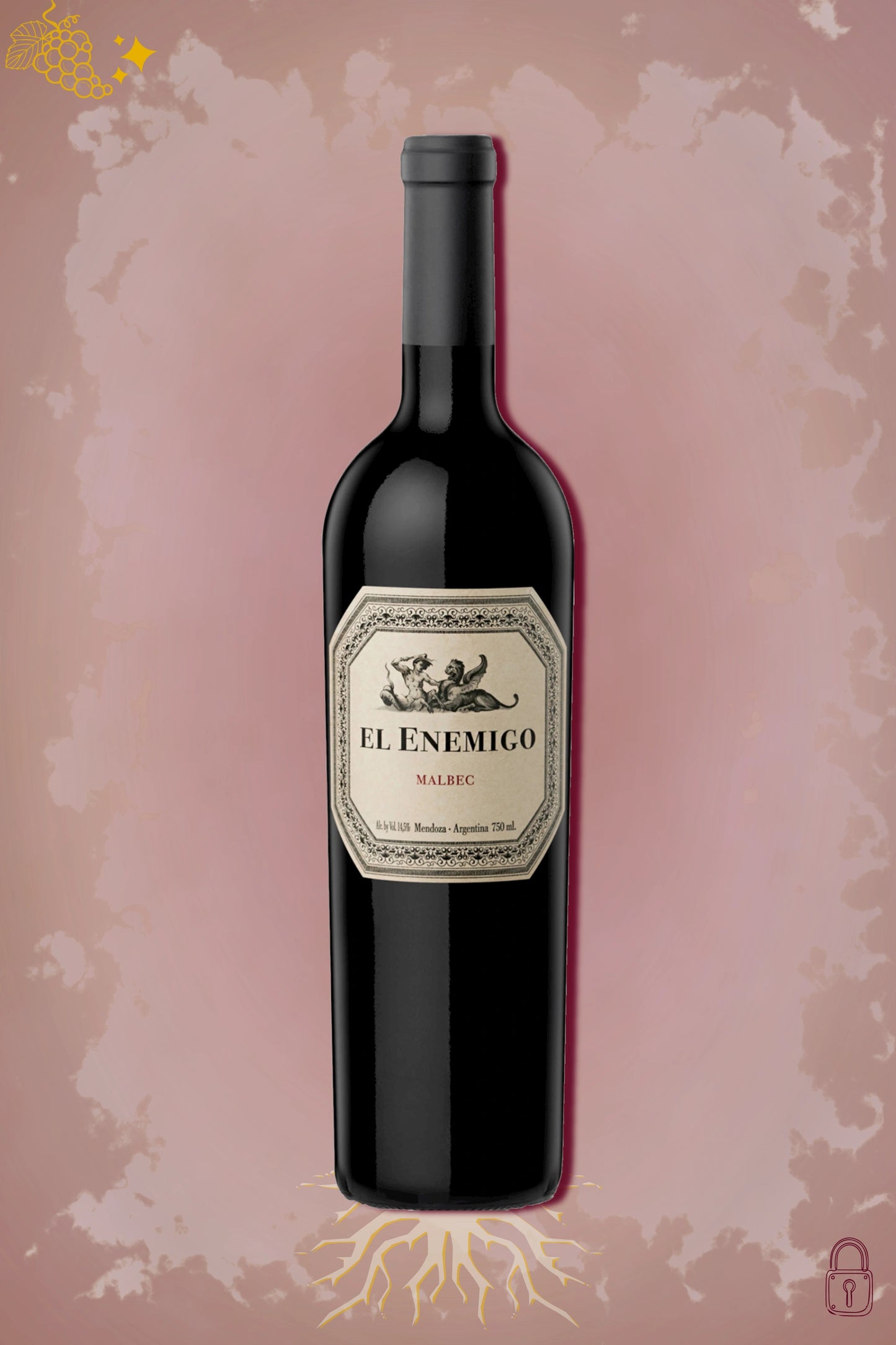 El Enemigo Premium Malbec 2017 tegen bordeaux achtergrond – volle rode wijn presentatie