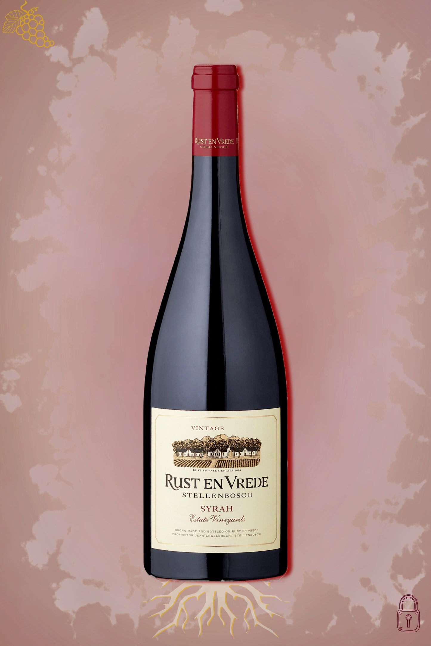 Rust en Vrede Shiraz 2017 tegen bordeaux achtergrond – premium rode wijn