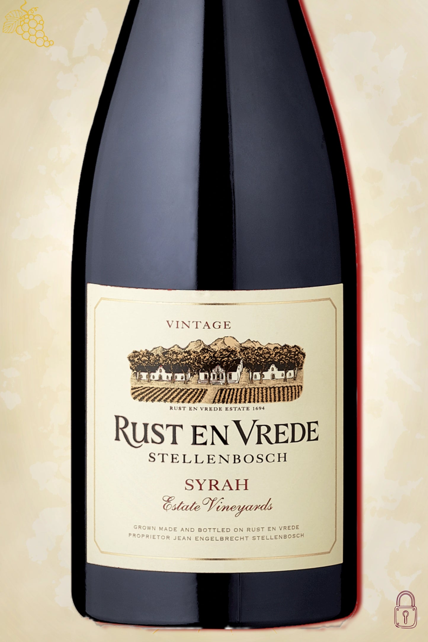 Close-up label Rust en Vrede Shiraz 2017 – logo en vintage details