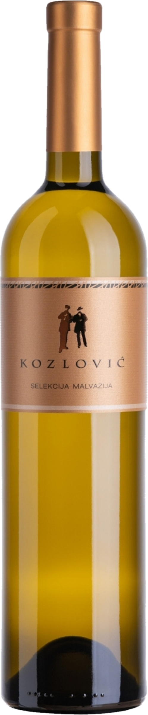 Kozlović Malvazija Selekcija 2021 tegen gouden achtergrond – premium witte wijn