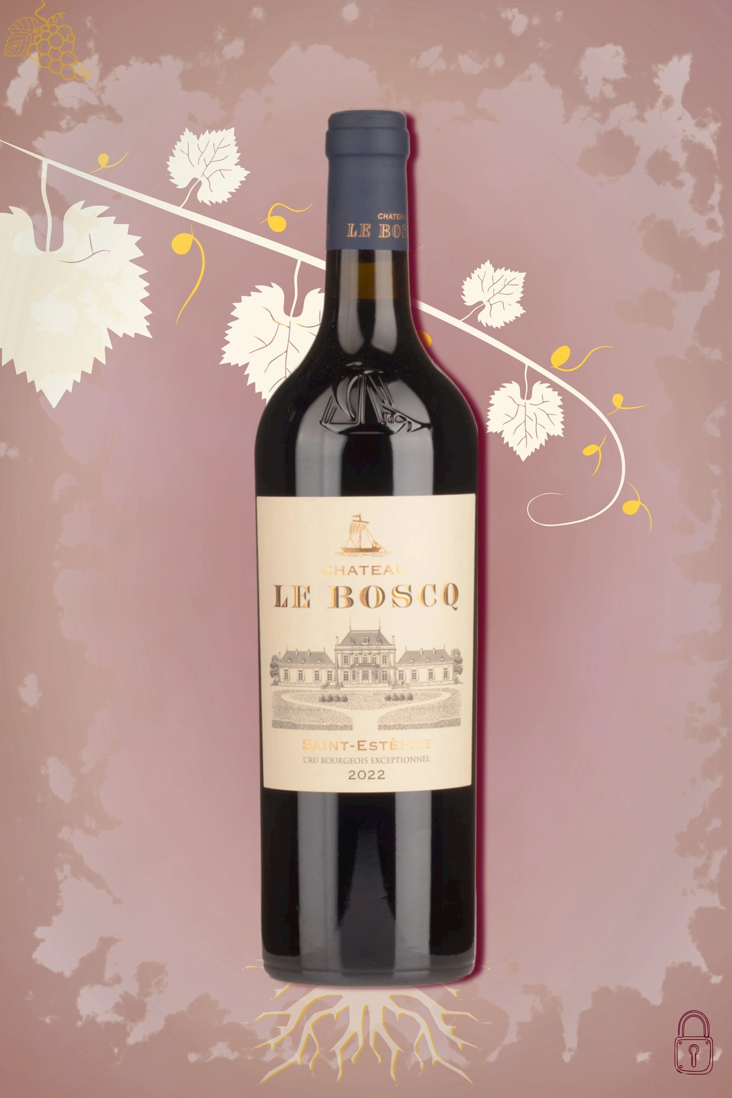 Château Le Boscq 2022 tegen bordeaux achtergrond – premium rode wijn