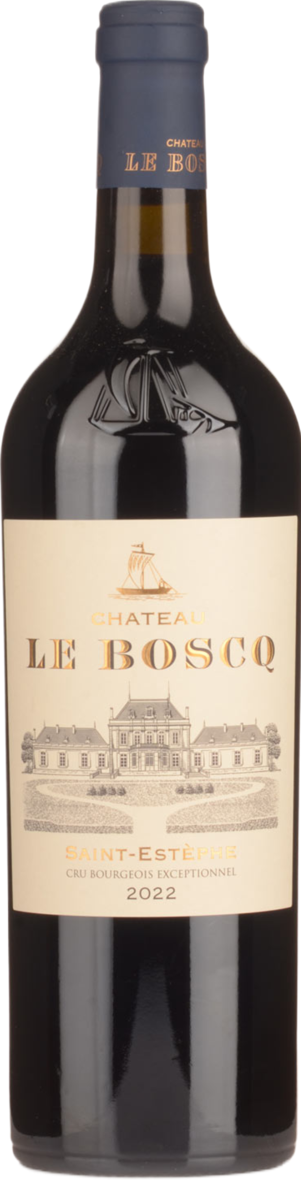 Château Le Boscq 2022 tegen bordeaux achtergrond – premium rode wijn