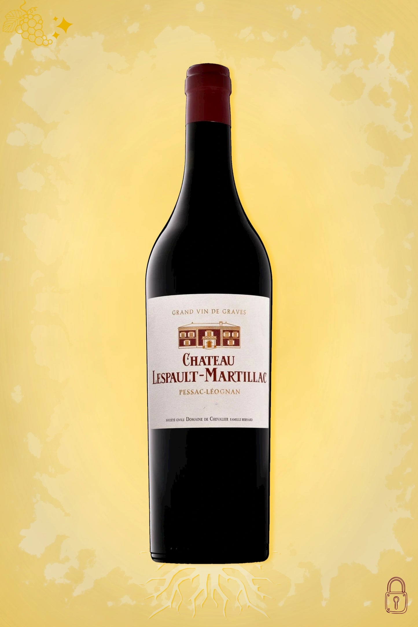 Château Lespault Martillac Blanc 2019 tegen gouden achtergrond – elegante witte bordeaux wijn