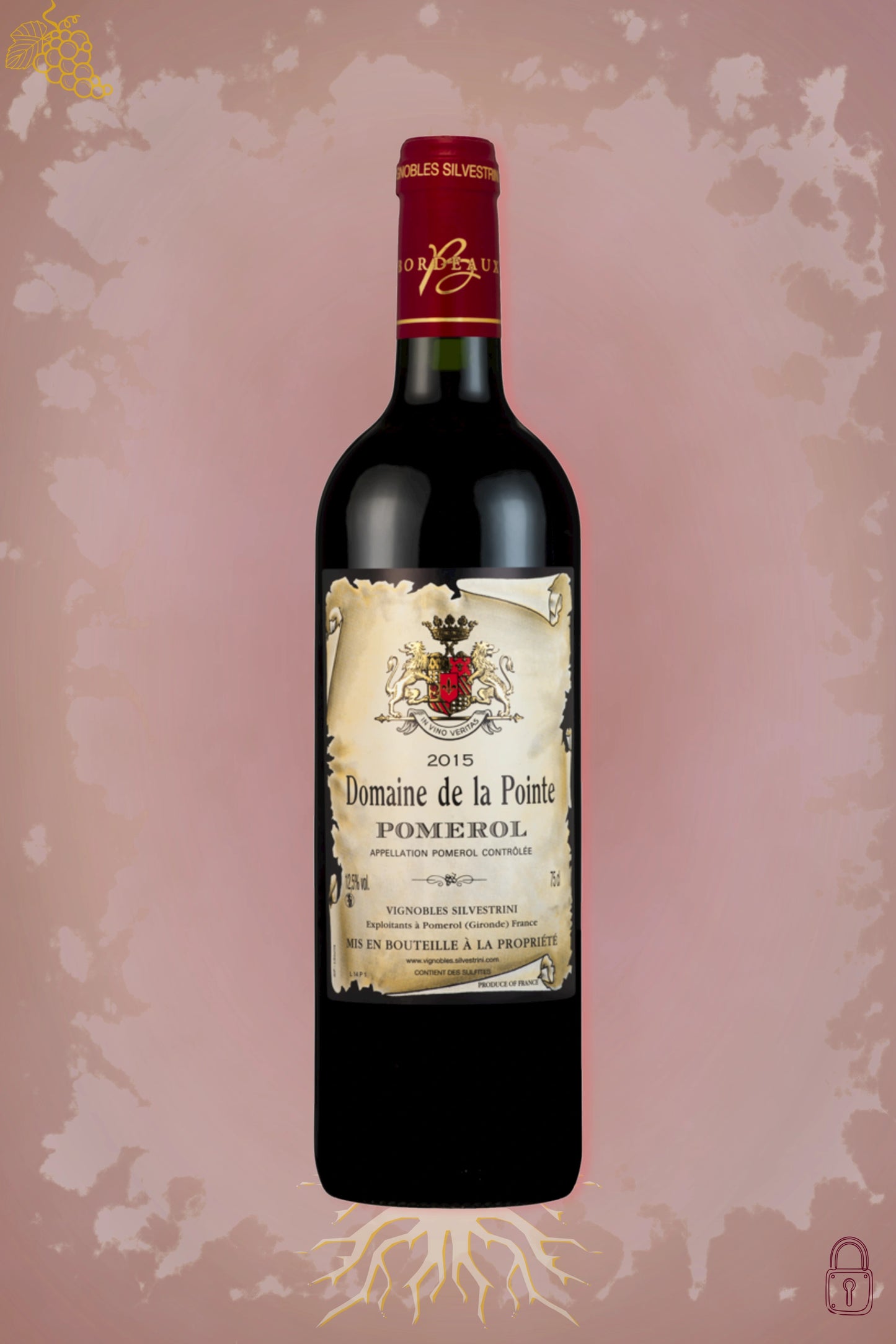 Domaine de La Pointe Pomerol 2015 tegen bordeaux achtergrond – elegante rode wijn