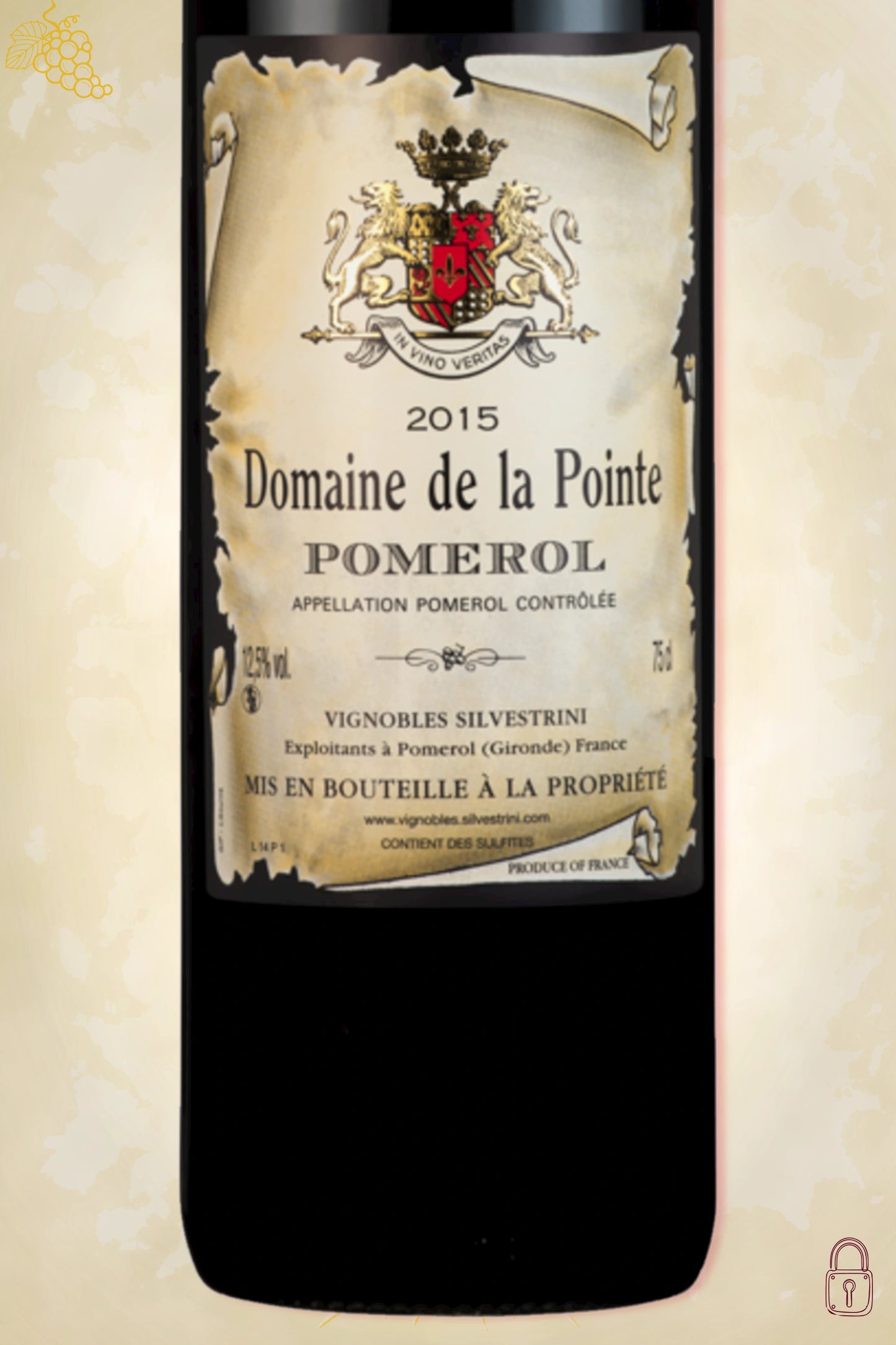 Close-up label Domaine de La Pointe Pomerol 2015 – Domaine de La Pointe details zichtbaar