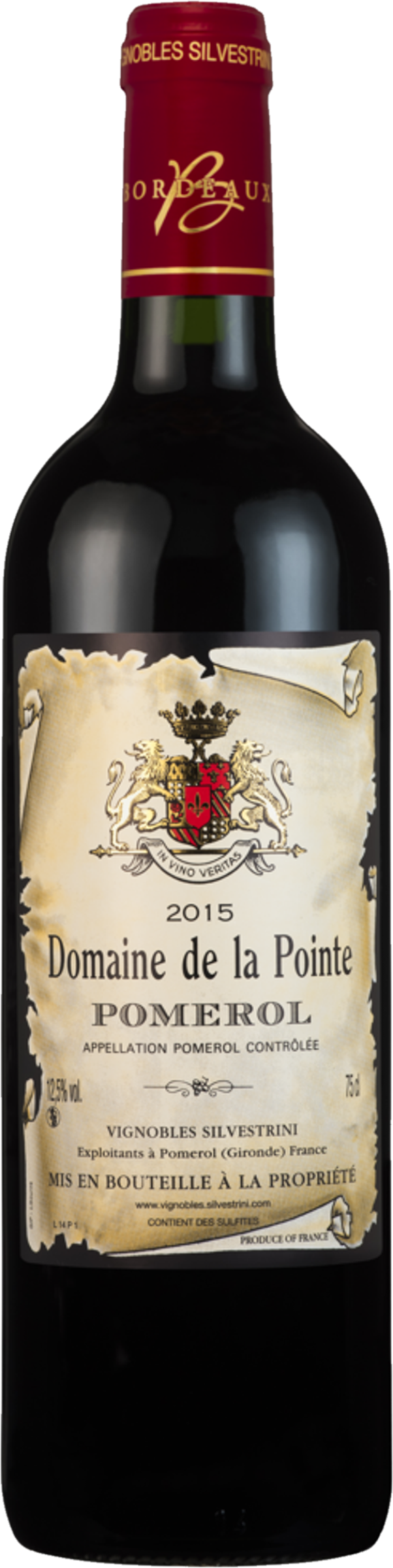 Domaine de La Pointe Pomerol 2015 tegen bordeaux achtergrond – elegante rode wijn