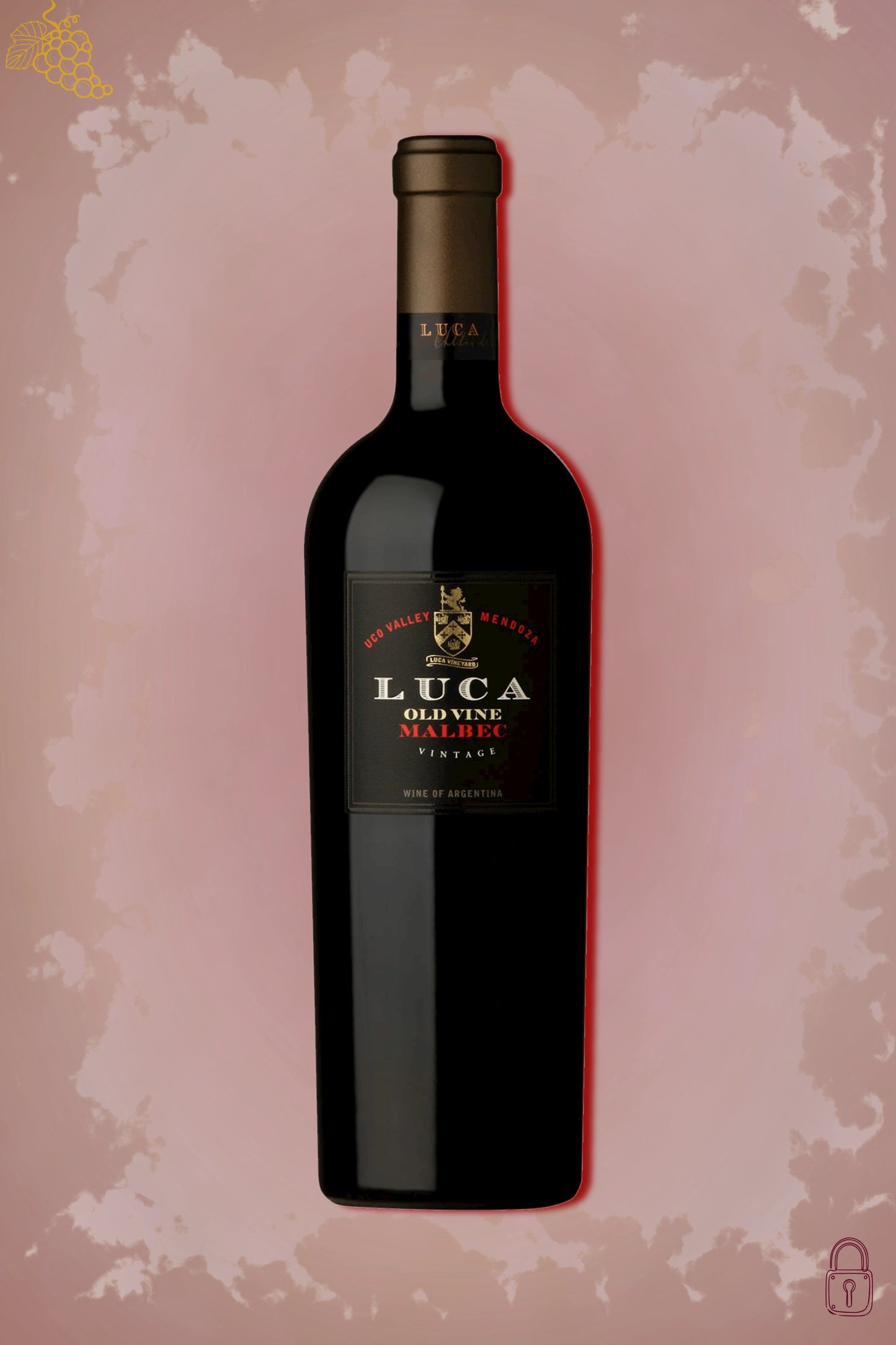 Luca Old Vines Malbec 2019 tegen bordeaux achtergrond – premium rode wijn