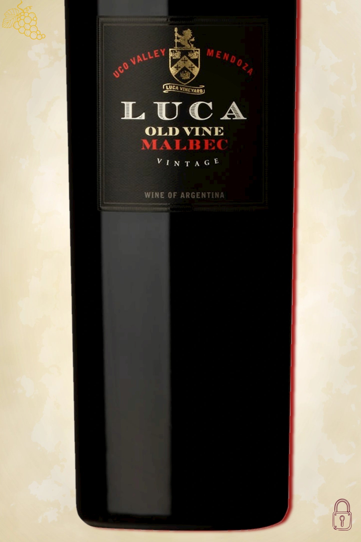 Close-up label Luca Old Vines Malbec 2019 – Luca logo en vintage details