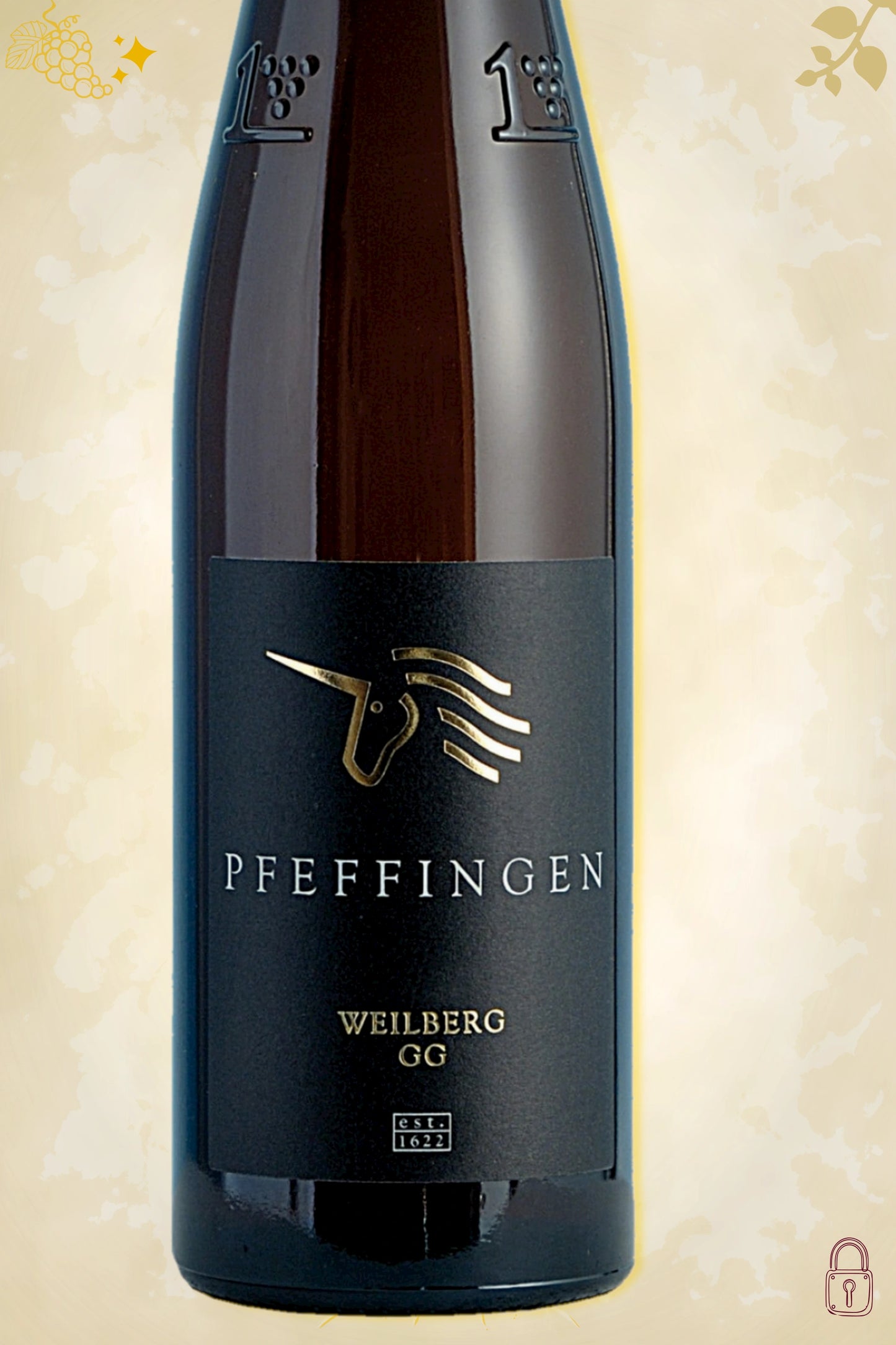 Close-up label Weingut Pfeffingen Herrenberg Weissburgunder GG 2021 – logo en vintage details