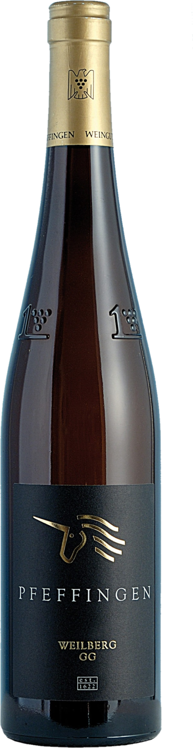 Weingut Pfeffingen Herrenberg Weissburgunder GG 2021 tegen gouden achtergrond – premium presentatie