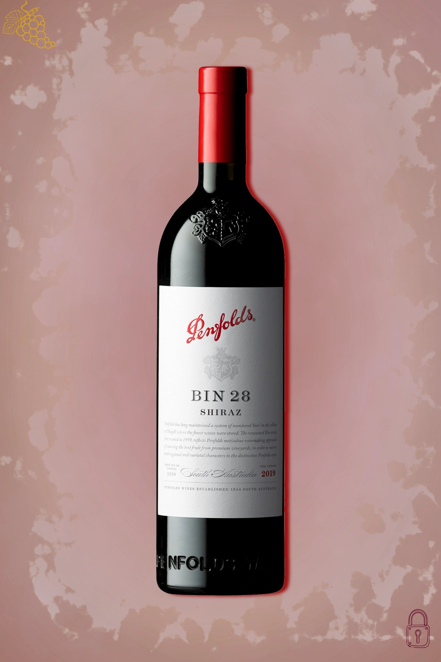 Penfolds Bin 28 Kalimna Shiraz 2019 tegen bordeaux achtergrond – krachtige rode wijn