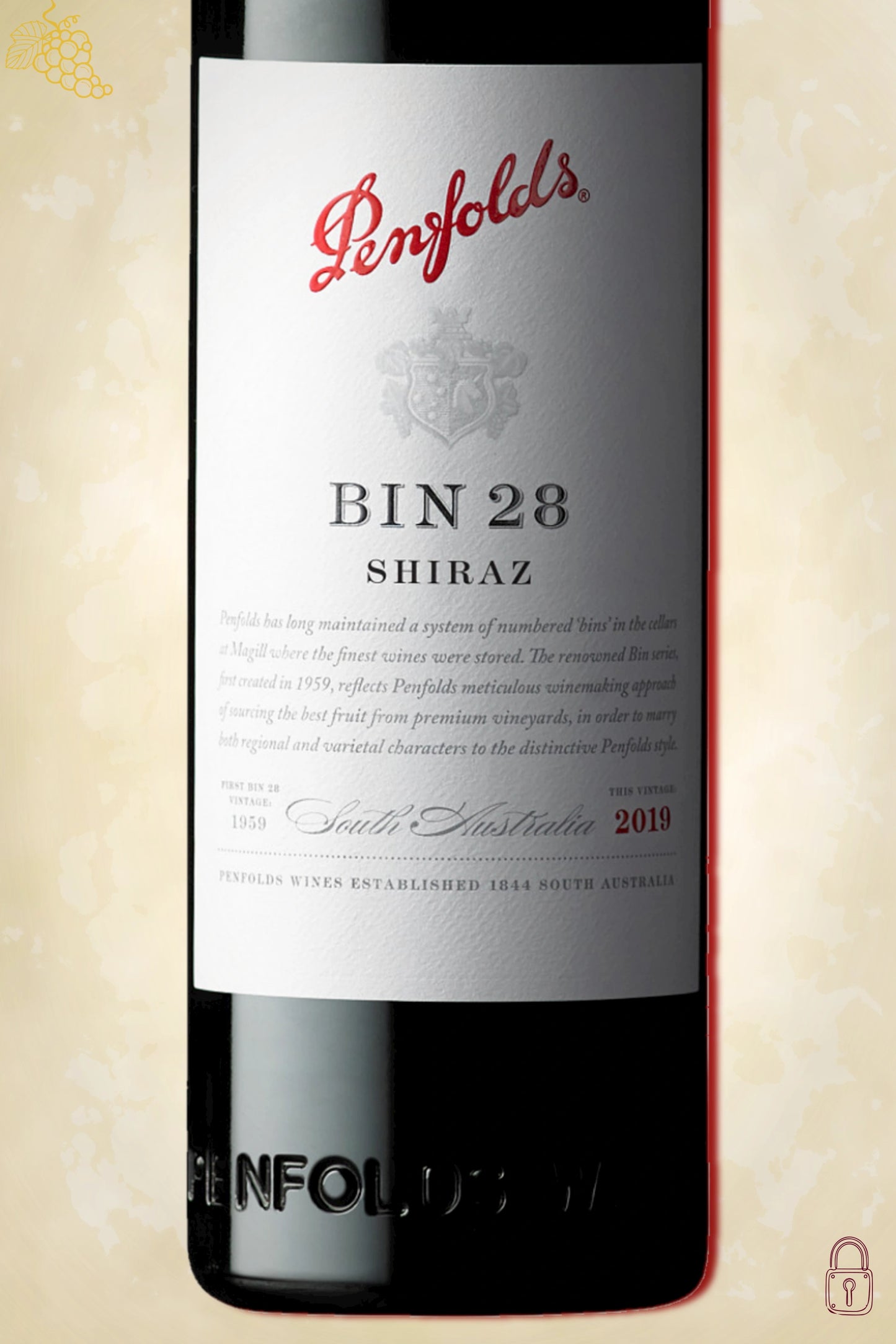 Close-up label Penfolds Bin 28 Kalimna Shiraz 2019 met logo en vintage