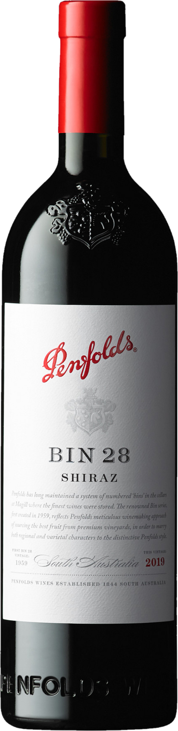 Penfolds Bin 28 Kalimna Shiraz 2019 tegen bordeaux achtergrond – krachtige rode wijn