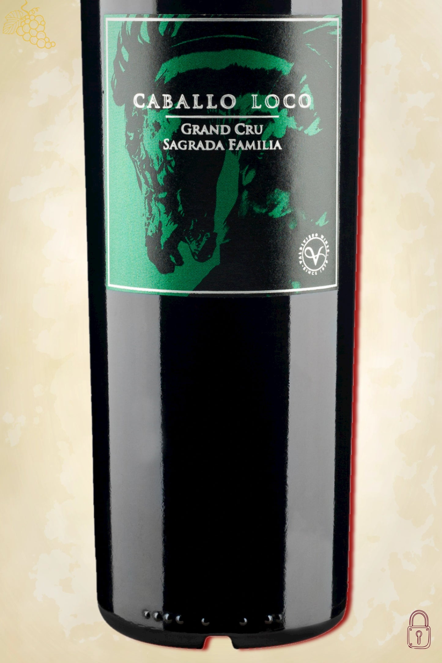 Close-up label Caballo Loco Grand Cru Sagrada Familia 2021 – logo en vintage details zichtbaar