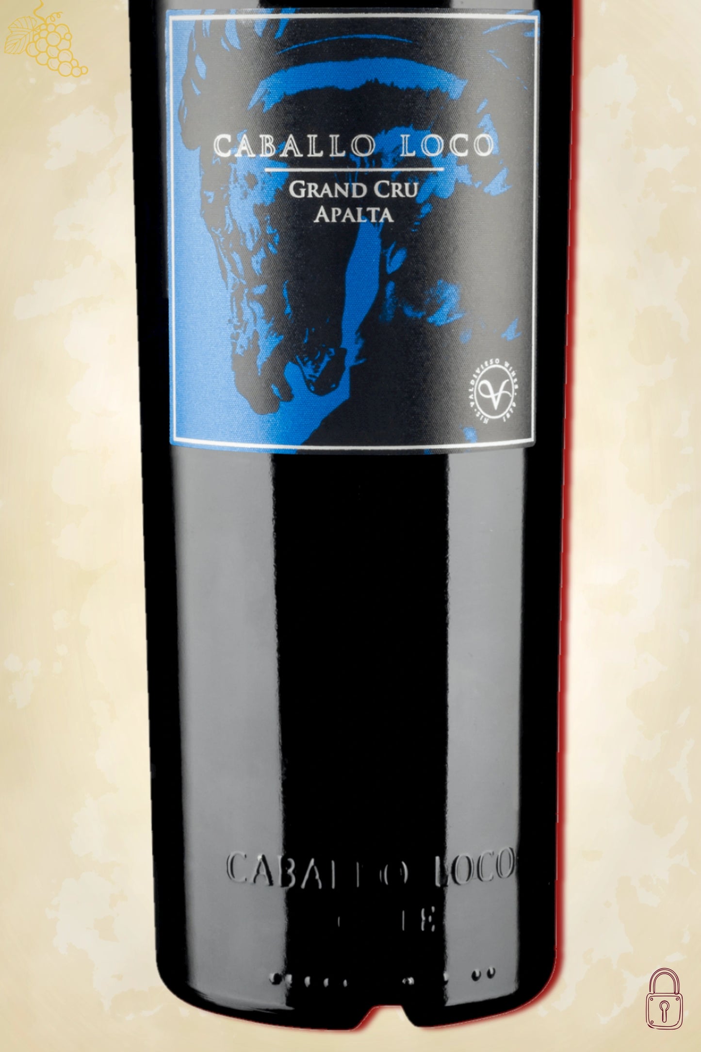 Close-up label Caballo Loco Grand Cru Apalta 2021 – wijnlabeldetails zichtbaar