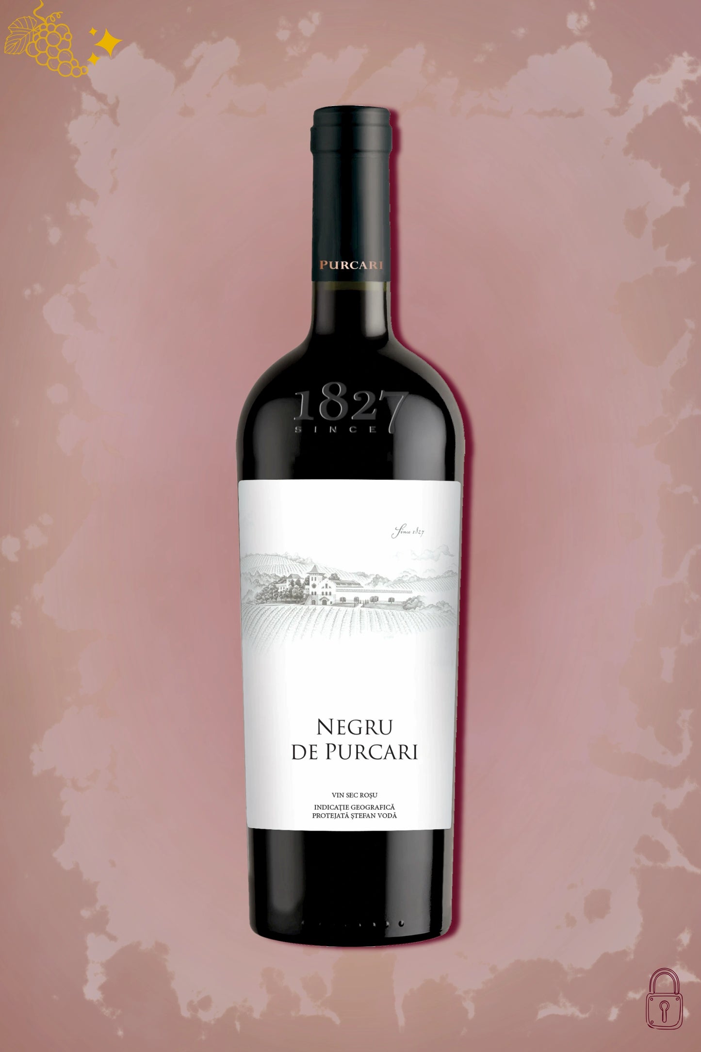 Fles Château Purcari Negru de Purcari 2020, rode wijn uit Moldavië, tegen bordeauxrode achtergrond.