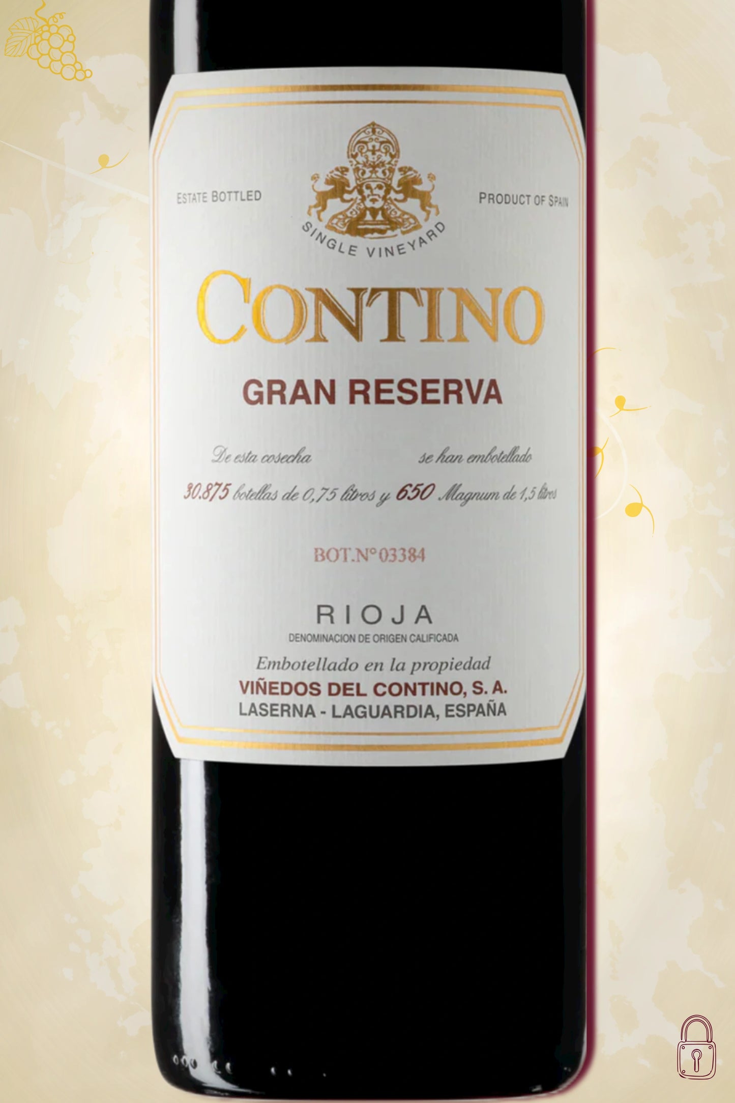 Close-up label Contino Rioja Gran Reserva 2016 – Contino logo en vintage details