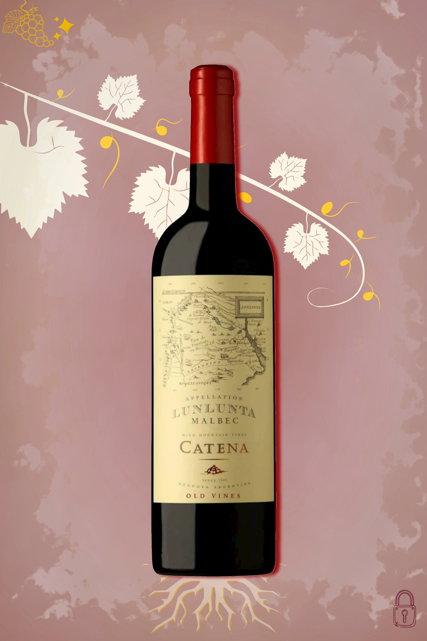 Catena Zapata Malbec 2022 tegen bordeaux achtergrond – premium rode wijn